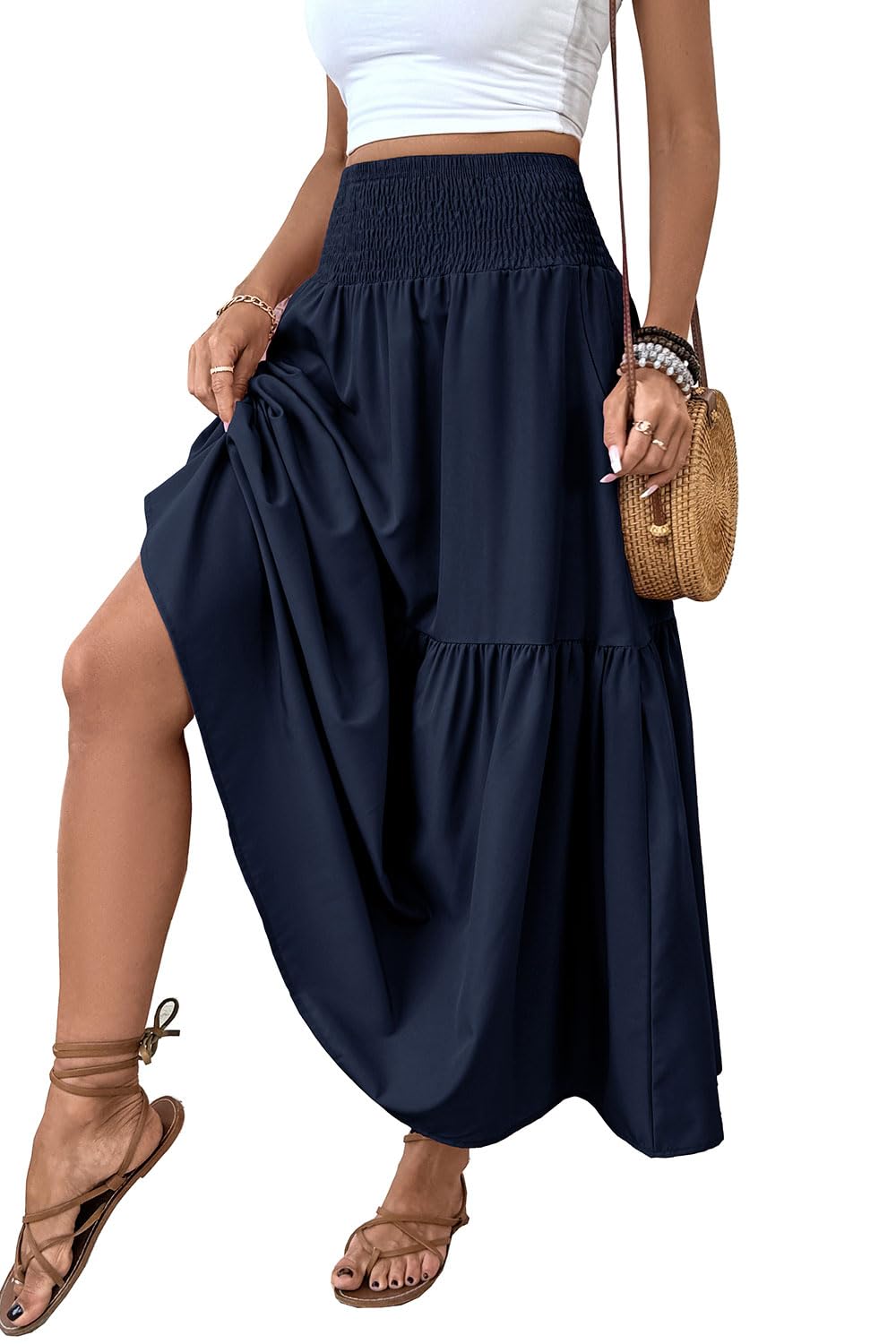 Women's Smocked High Waist Maxi Skirt Casual Boho Long Skirts with Pockets