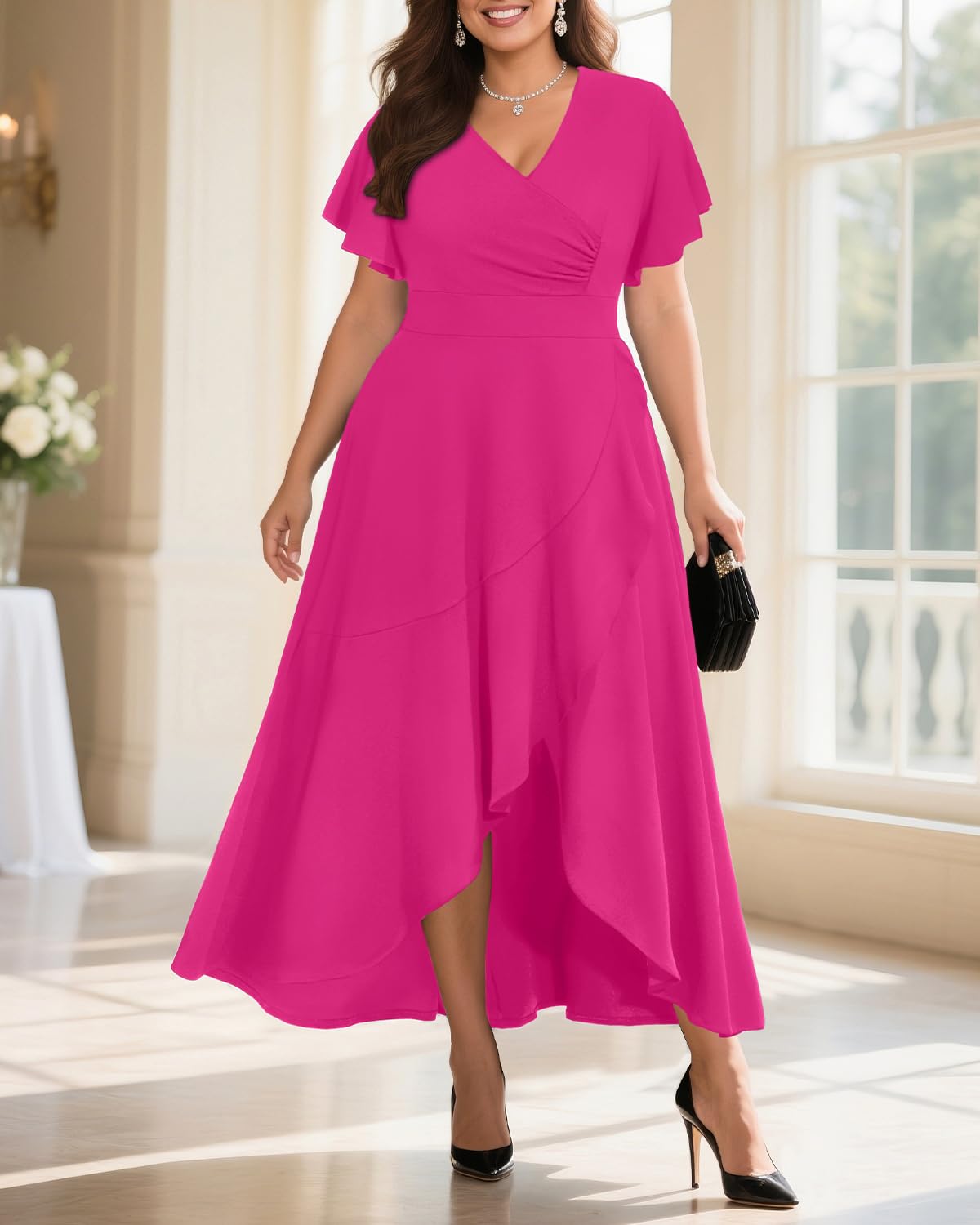 Pinup Fashion Women Plus Size Dresses Wedding Guest - Formal Cocktail Wrap High Low Long Dress