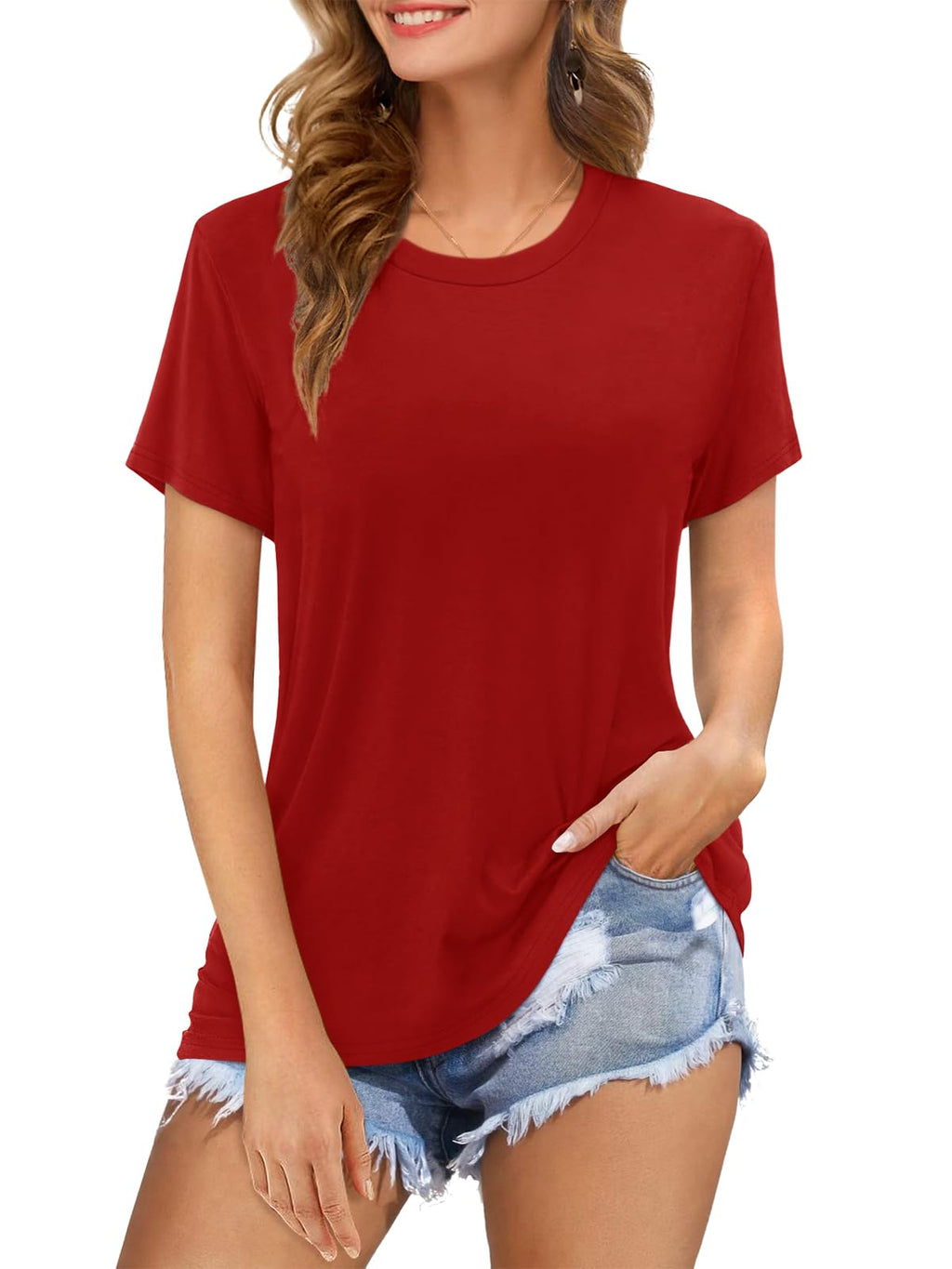 Womens Short Sleeve T Shirts Crewneck Summer Trendy Solid Basic Tee Tops Casual Summer Loose Fit Shirts