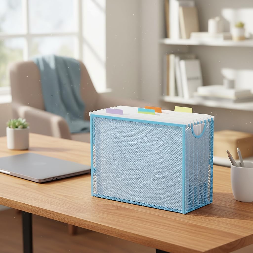 Hanging File Organizer, Letter-Size File Holder Filing Box with 5 Hanging Folders, Metal Mesh Desk File Folder Storage(No Assembly Required) (Blue, with 5 Grey Folders)