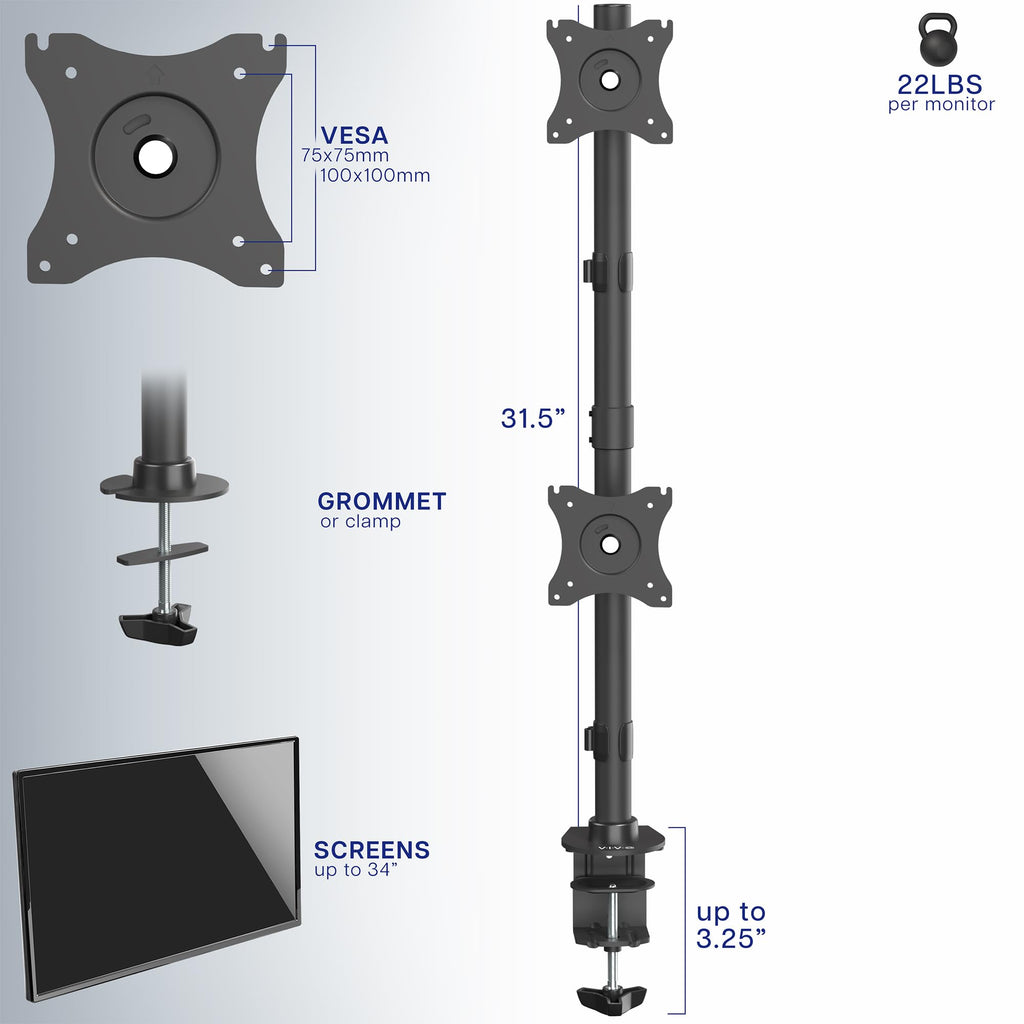 VIVO Dual Monitor Desk Mount Stand with Height Adjustment and VESA Plates for 2 LCD Ultrawide Screens up to 34 inches, Stacked Array, STAND-V002R