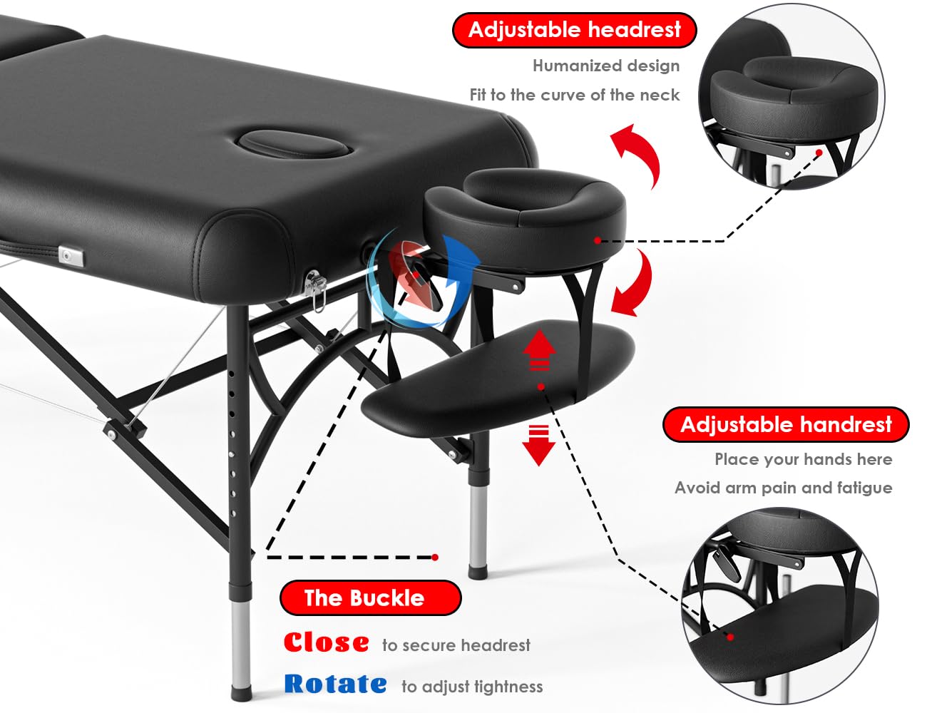 CLORIS 84" Professional Massage Table Portable Reinforced Wooden Leg 2 Folding Lightweight Spa Salon Tattoo Massage Bed Height Adjustable Hold Up to 1100LBS with Carrying Bag Black