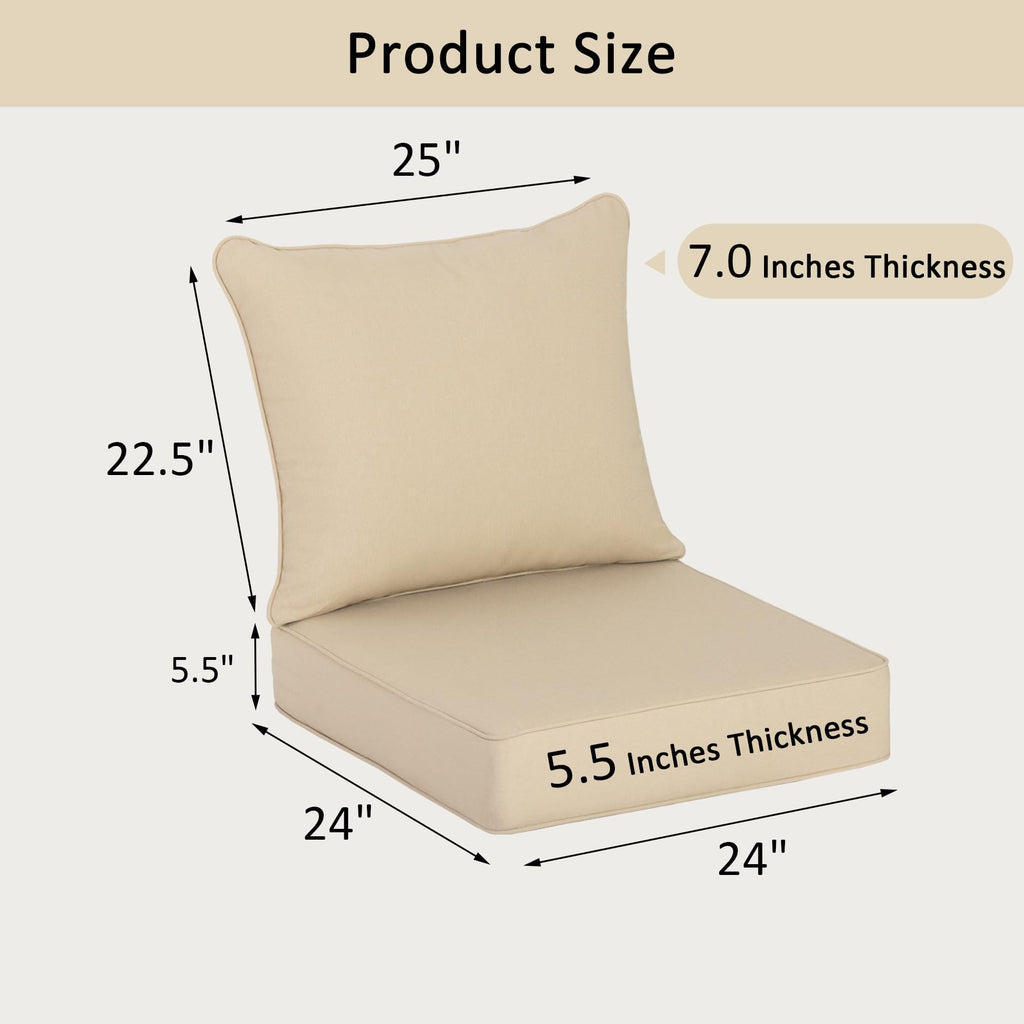 COZYVIDA 5.1" Thick Outdoor Patio Cushions Set of 2, 22"x24"x5.1" Seat, C0 Water-Resistant Breathable Fabric, UV-Resistant 1000+ Hrs, 35D Foam with Recycled Fiber Fill,Beige