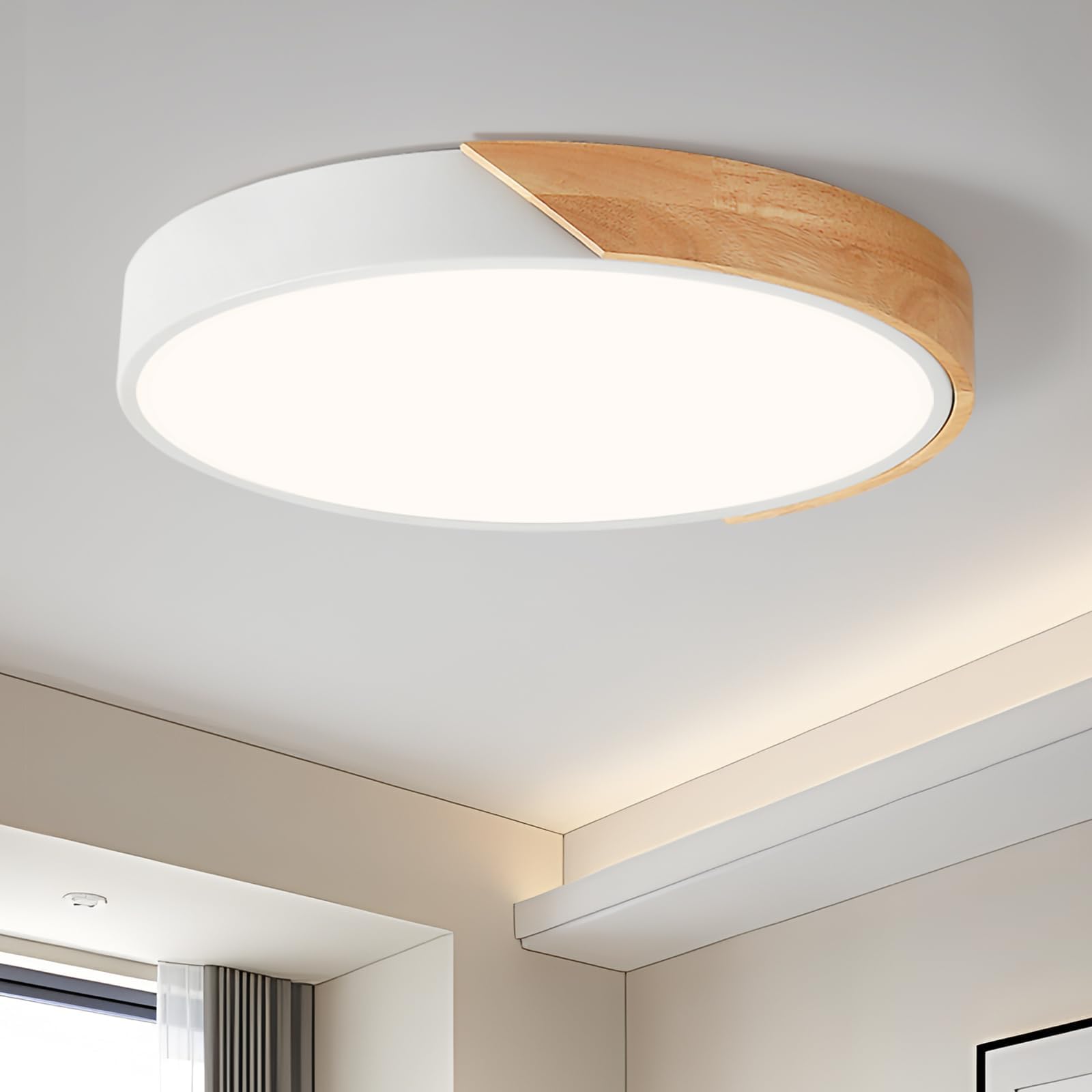 Modern LED Ceiling Light, Minimalist Wood Dimmable Flush Mount Ceiling Light Fixture, Round 5CCT Lighting Lamp with Acrylic Lampshade for Bedroom Hallway Kitchen Laundry, Black 11.8"