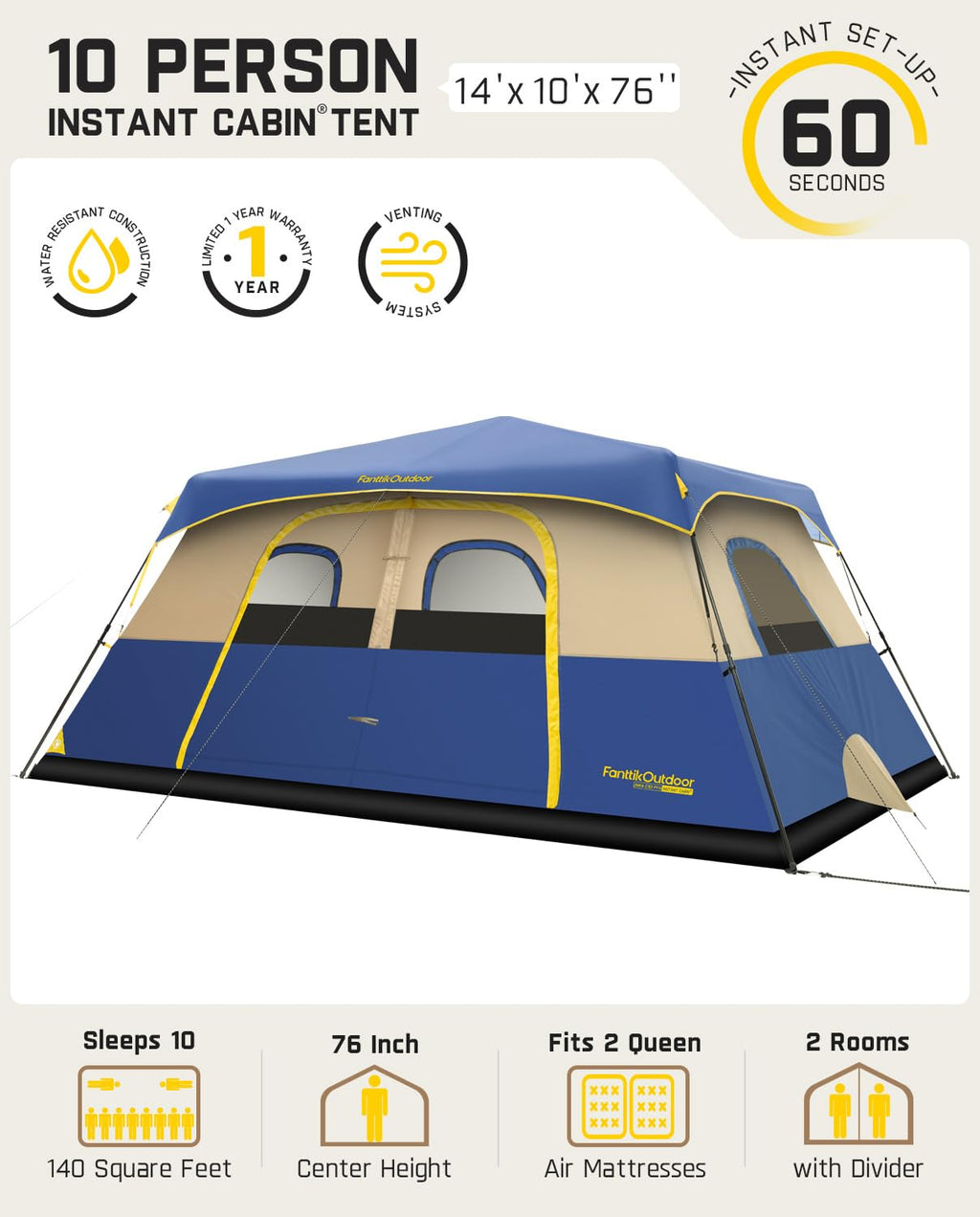 FanttikOutdoor Camping Tent 4/6/8/10 Person Instant Cabin Tent Setup in 60 Seconds with Rainfly & Windproof Portable with Carry Bag for Family Camping & Hiking, Upgraded Ventilation, Navy Blue