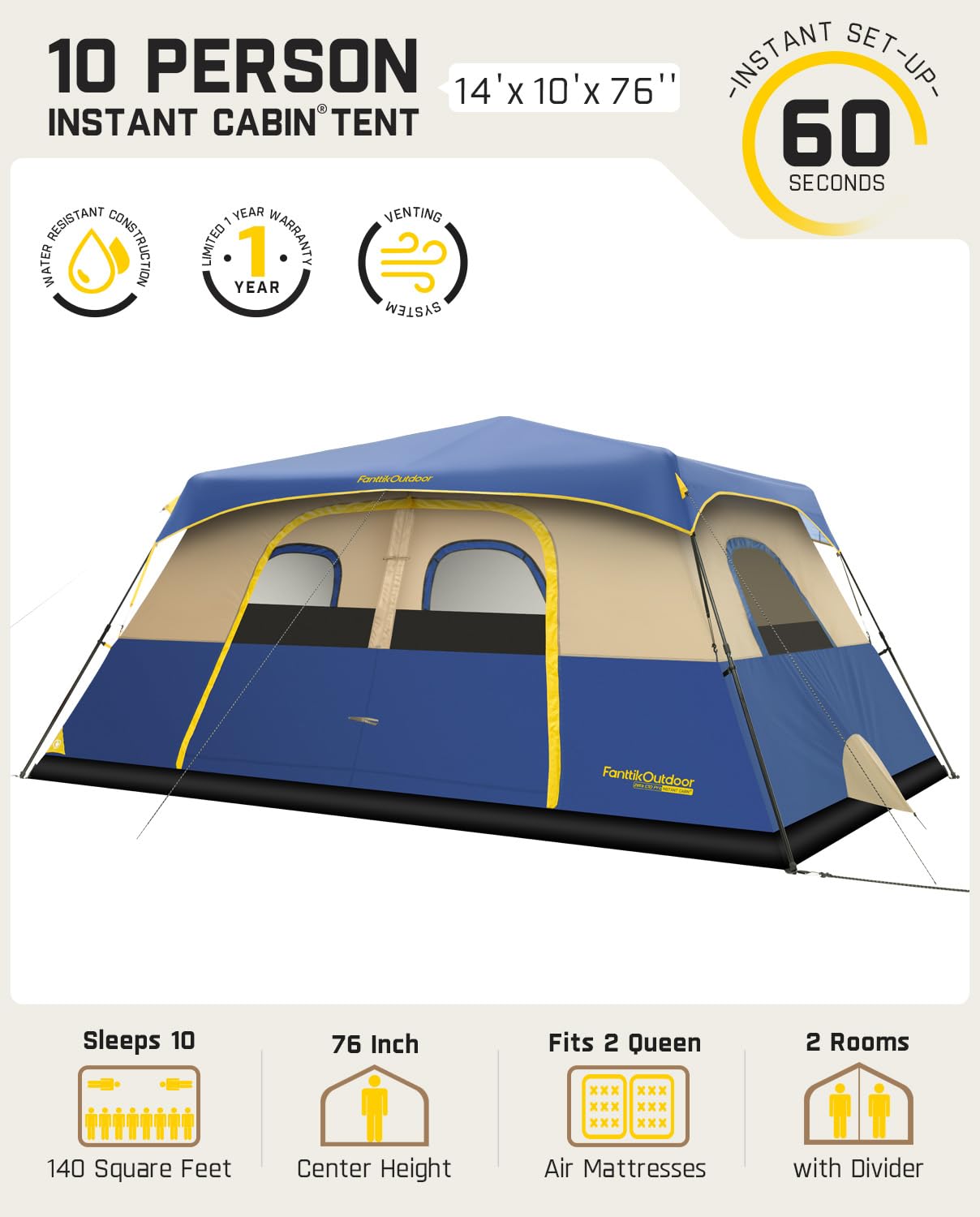 FanttikOutdoor Camping Tent 4/6/8/10 Person Instant Cabin Tent Setup in 60 Seconds with Rainfly & Windproof Portable with Carry Bag for Family Camping & Hiking, Upgraded Ventilation, Navy Blue
