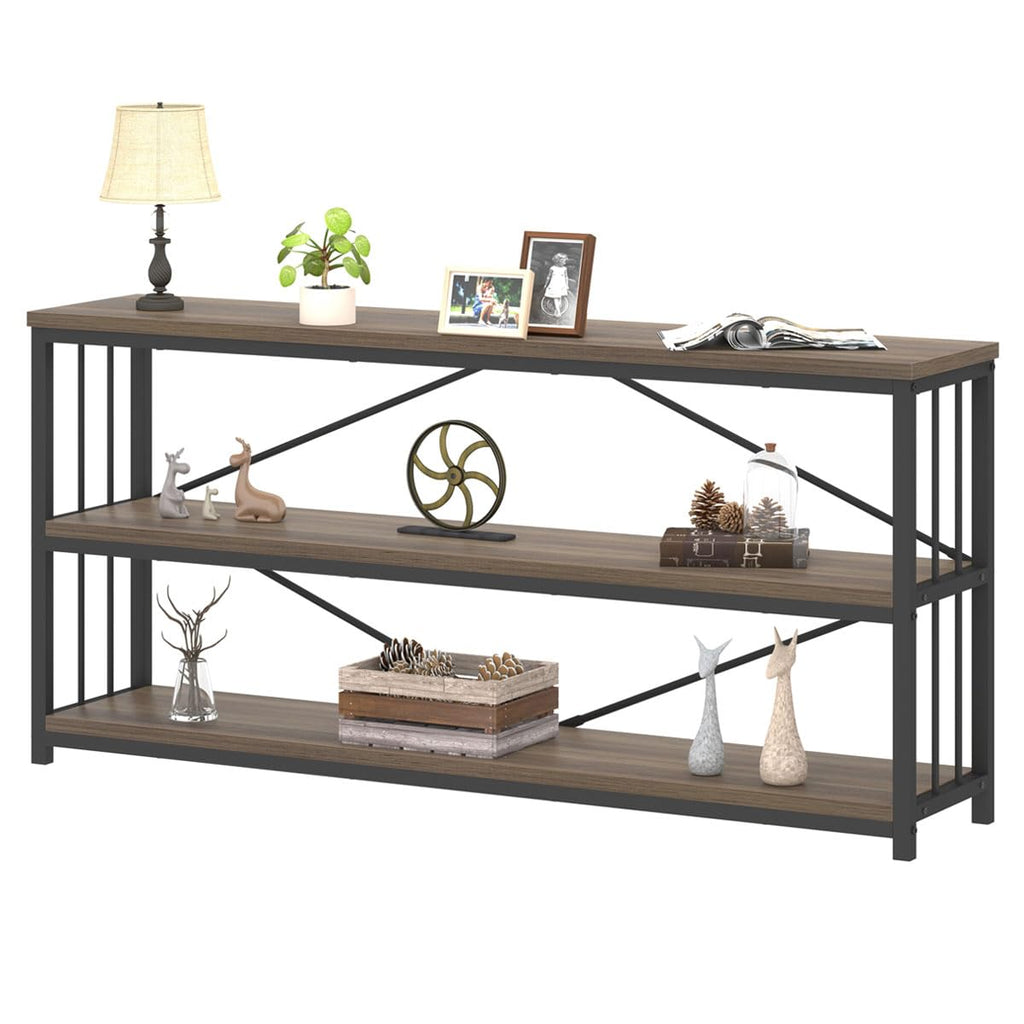 LVB Black Console Table, Modern Entryway Table for Hallway Living Room, Industrial Sofa Table Behind Couch, Farmhouse Wooden Metal Entry Table for Foyer with 3-Tier Storage Shelves, Black Oak, 55 Inch
