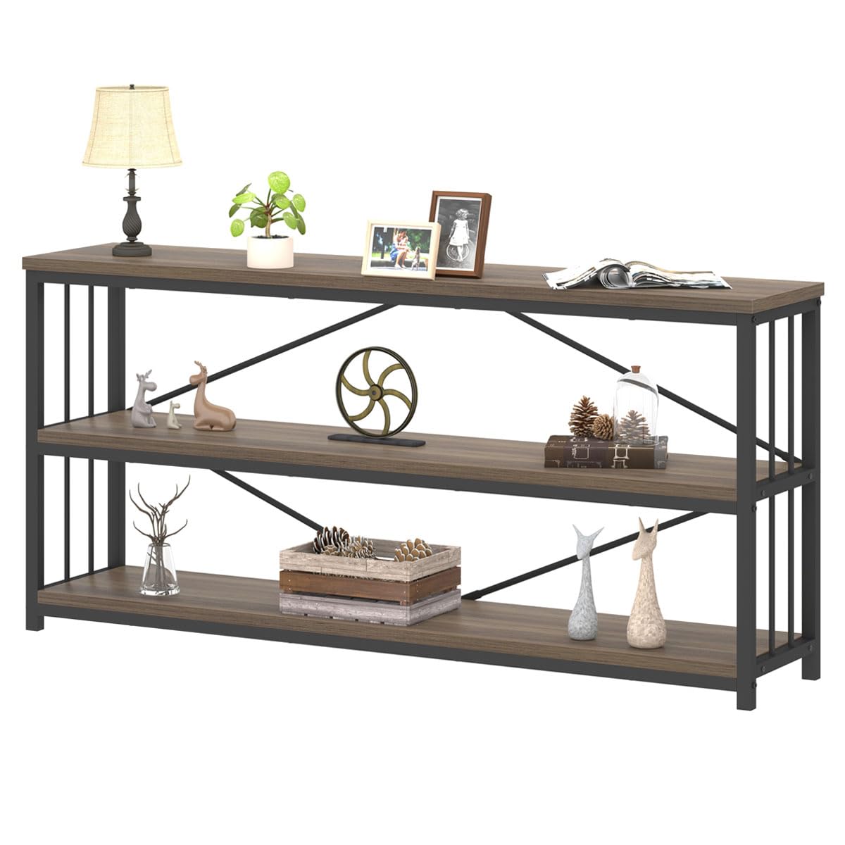 LVB Black Console Table, Modern Entryway Table for Hallway Living Room, Industrial Sofa Table Behind Couch, Farmhouse Wooden Metal Entry Table for Foyer with 3-Tier Storage Shelves, Black Oak, 55 Inch