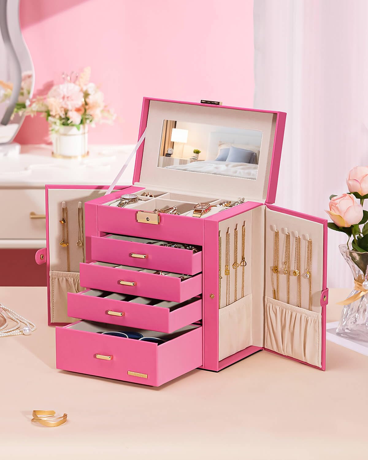 Homde Mothers Day Gifts Synthetic Leather Huge Jewelry Box Mirrored Watch Organizer Necklace Ring Earring Storage Lockable Gift Case (Black + Gold)