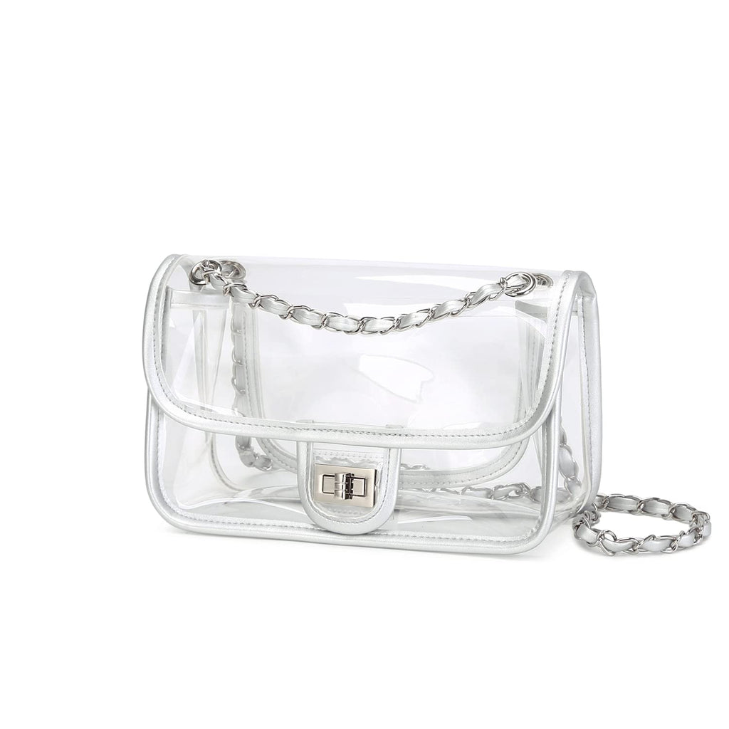 Womens PVC Clear Purse Handbag with Chain Stadium Approved Clear Bag See Through Bag for Working and Concert