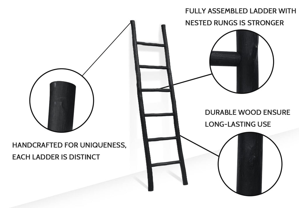 FUIN 57in Wood Blanket Ladder Living Room Decorative Wall Leaning Farmhouse Quilt Display Holder Rustic Wooden Towel Rack for Bathroom, Black