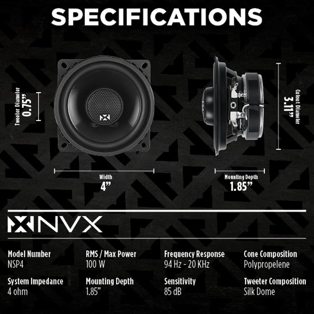 NVX NSP35 3.5" Car Speakers, 200W Max, 70W RMS, 2-Way Coaxial w/Silk Dome Tweeters & Built-in X-Overs, Easy to Install in Cars/Trucks/Doors (Pair)