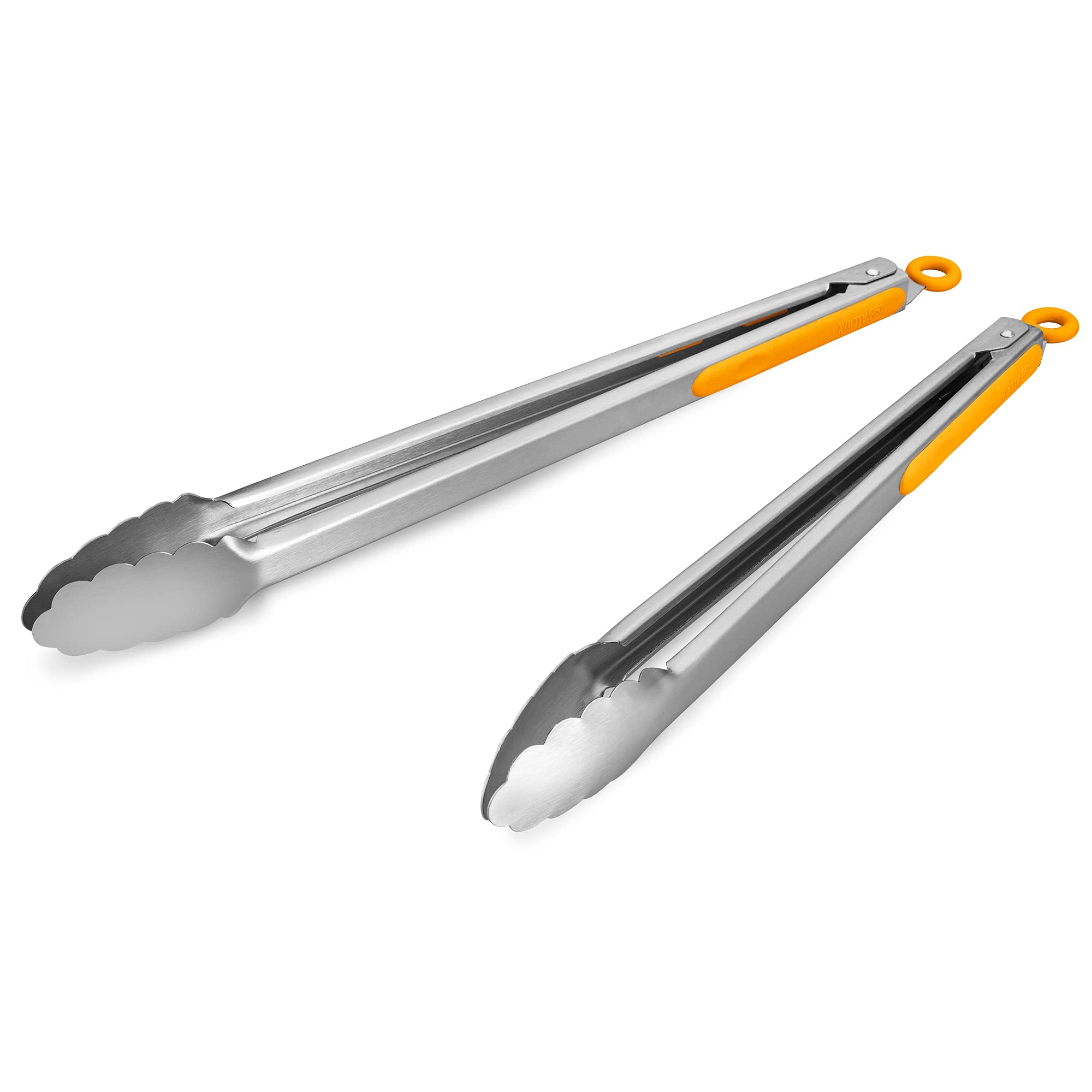 304 Stainless Steel Kitchen Cooking Tongs, 9" and 12" Set of 2 Sturdy Grilling Barbeque Brushed Locking Food Tongs with Ergonomic Grip, Black