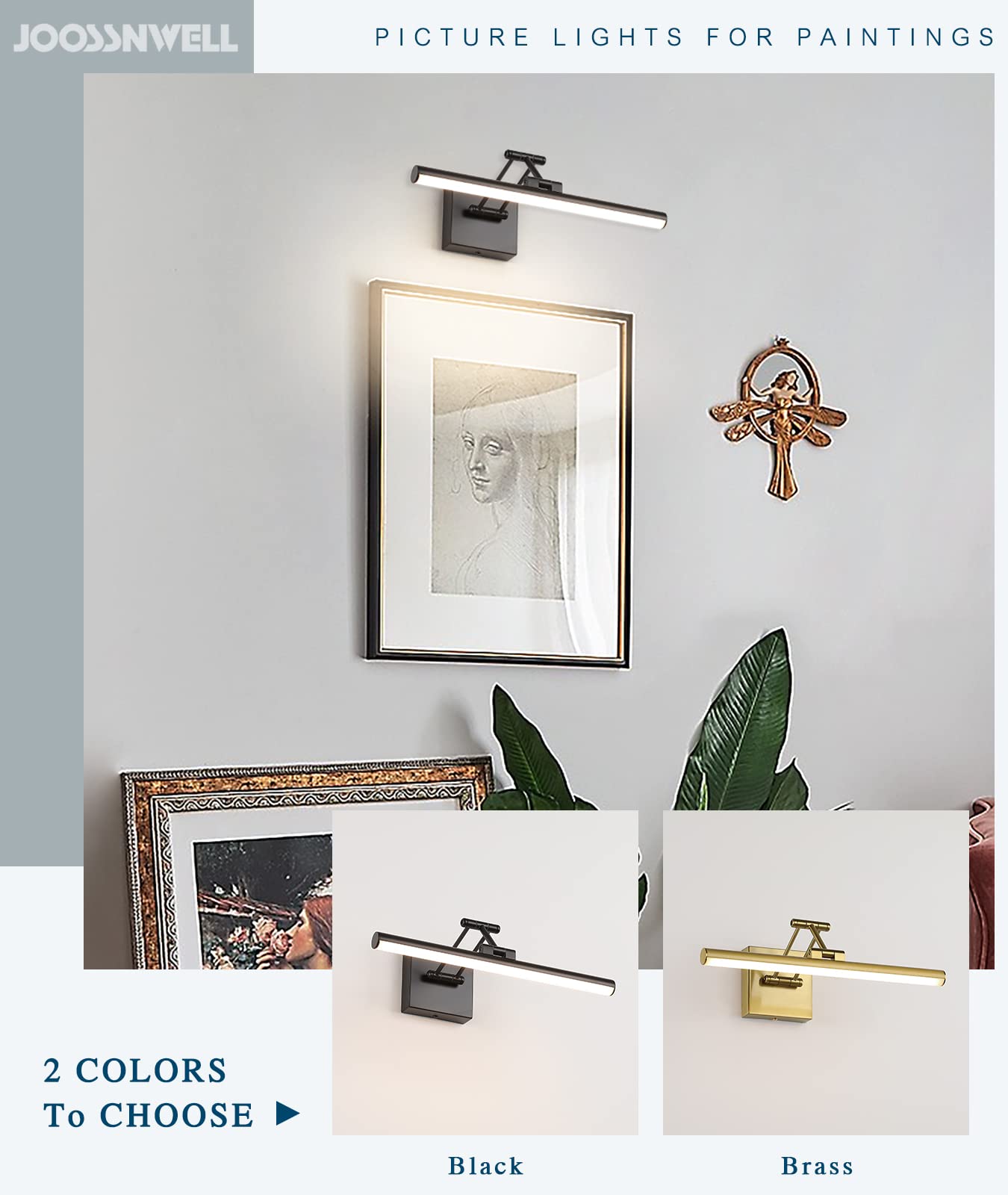 Joossnwell LED Picture Lights for Paintings Dimmable 15.5 Inch Long Hard-Wired Picture Frame Lights Brass Gallery Wall Light with Adjustable Swing Arm Art Display Lamps 7W 3000K Warm White