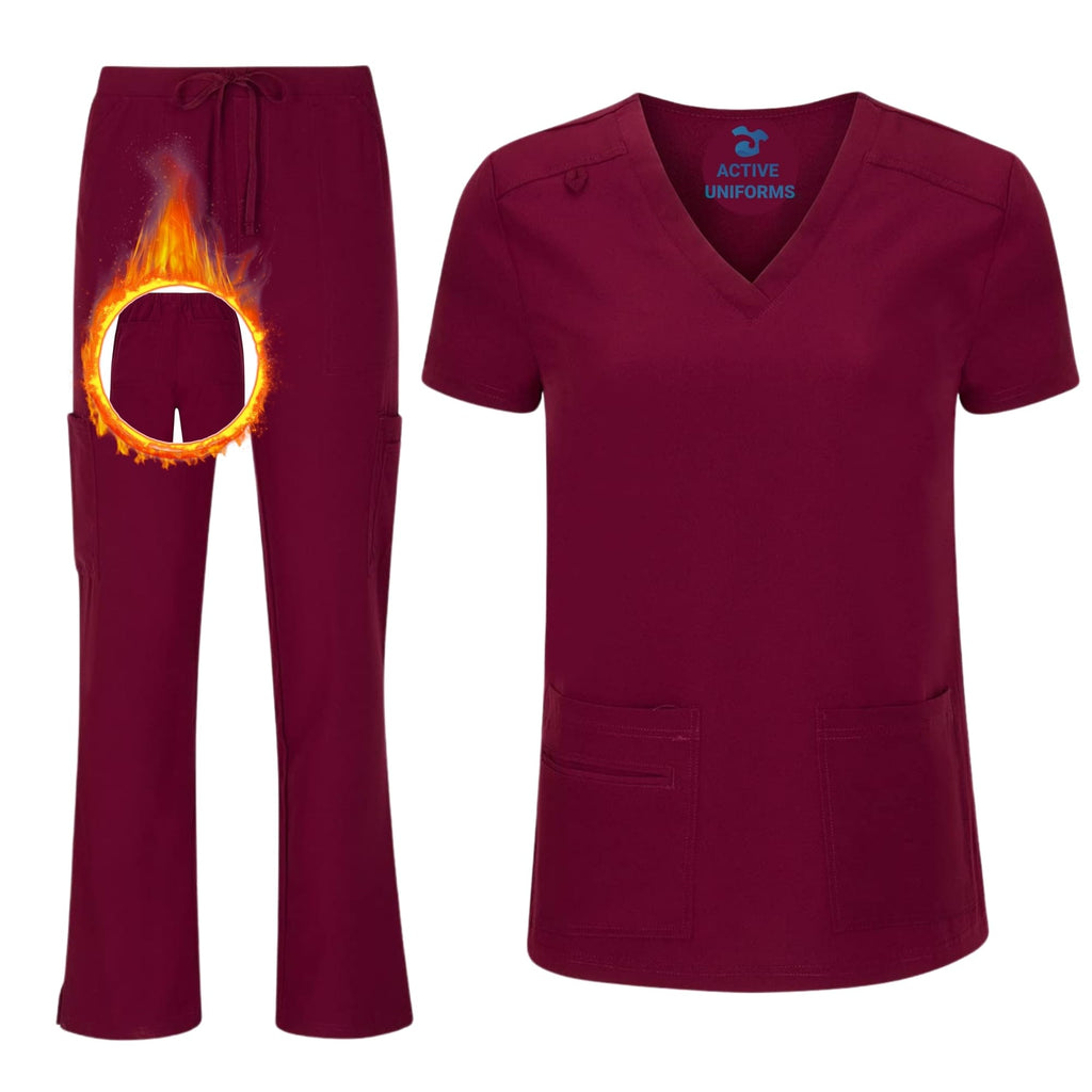 Women's Cool Stretch V-Neck Top and Cargo Pant Scrub Set with Regular and Petite Sizes