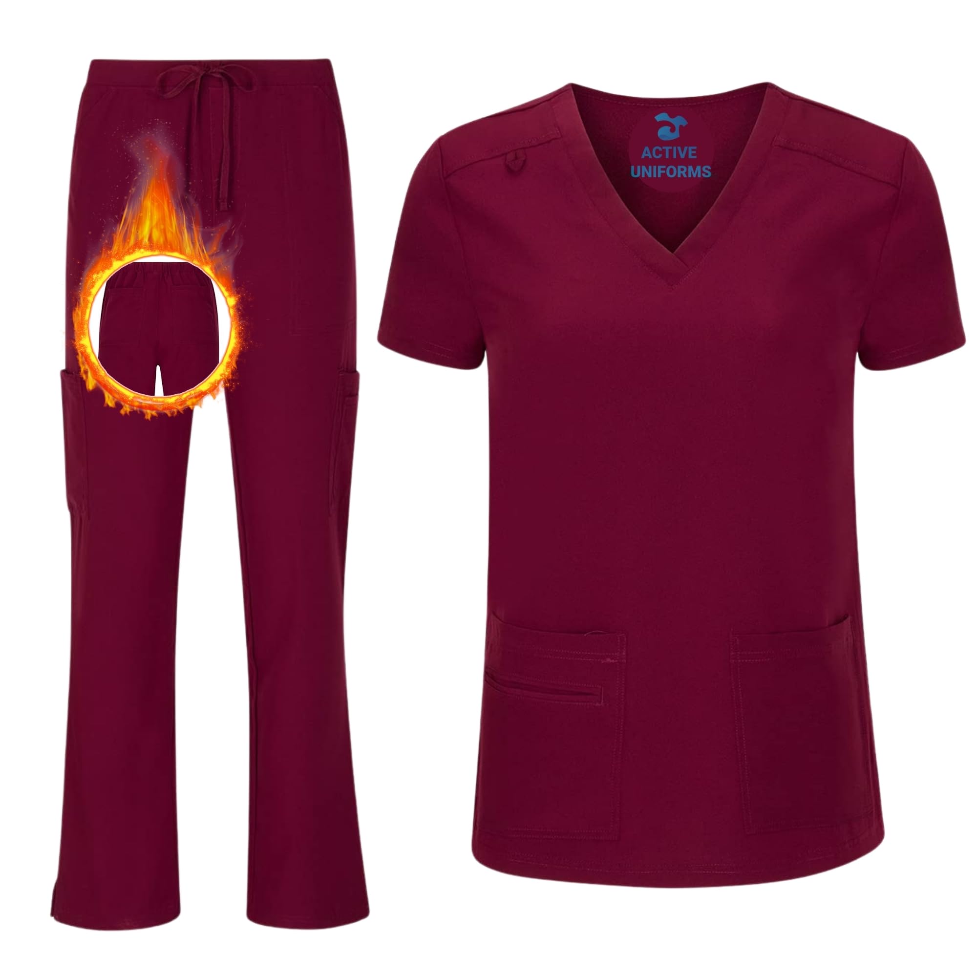Women's Cool Stretch V-Neck Top and Cargo Pant Scrub Set with Regular and Petite Sizes