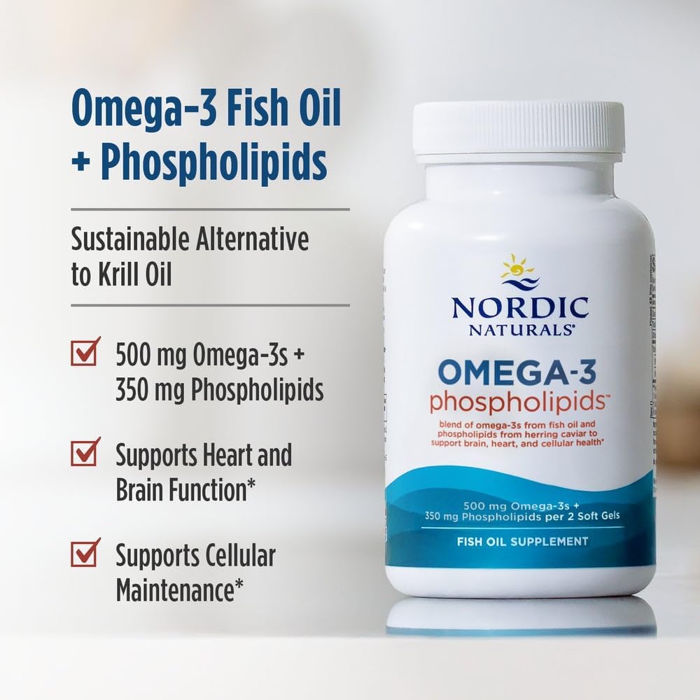 Nordic Naturals Omega-3 Phospholipids, Unflavored - 60 Soft Gels - 500 mg Omega-3 & 350 mg Phospholipids - Heart & Brain Health - Small, Easy-to-Swallow Soft Gels - Non-GMO - 30 Servings