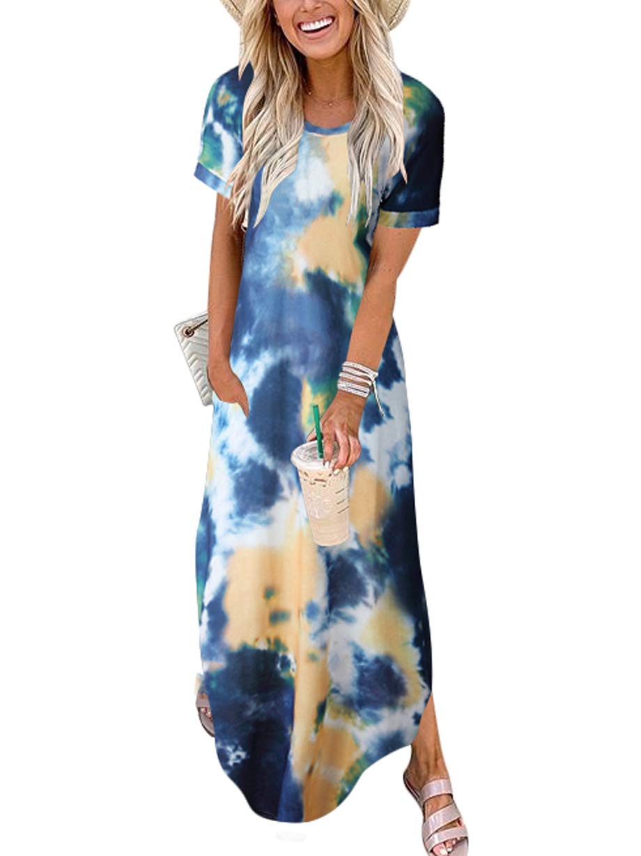 ANRABESS Womens Summer Maxi Dress Short Sleeve Casual Loose Long T Shirt Dresses Split Vacation Beach Sundress Travel Outfits
