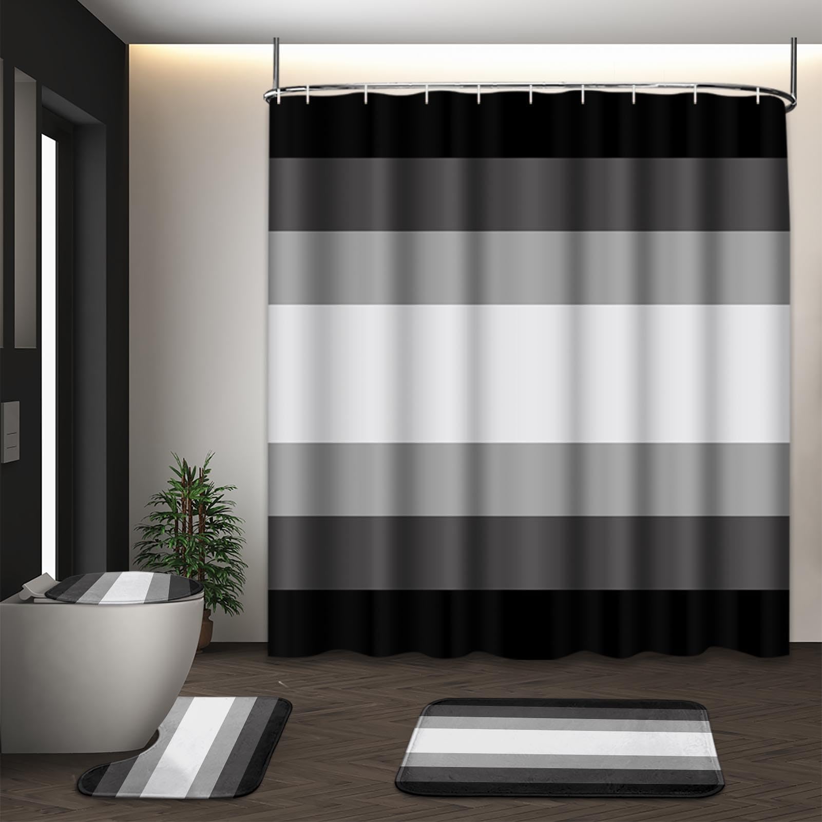 Beige Geometric Shower Curtain Set with Toilet Lid Cover and Non-Slip Rugs for Bathroom, Black Grey White Checkered 4 Pcs Shower Curtain, Modern Abstract Bathroom Set with 12 Hooks