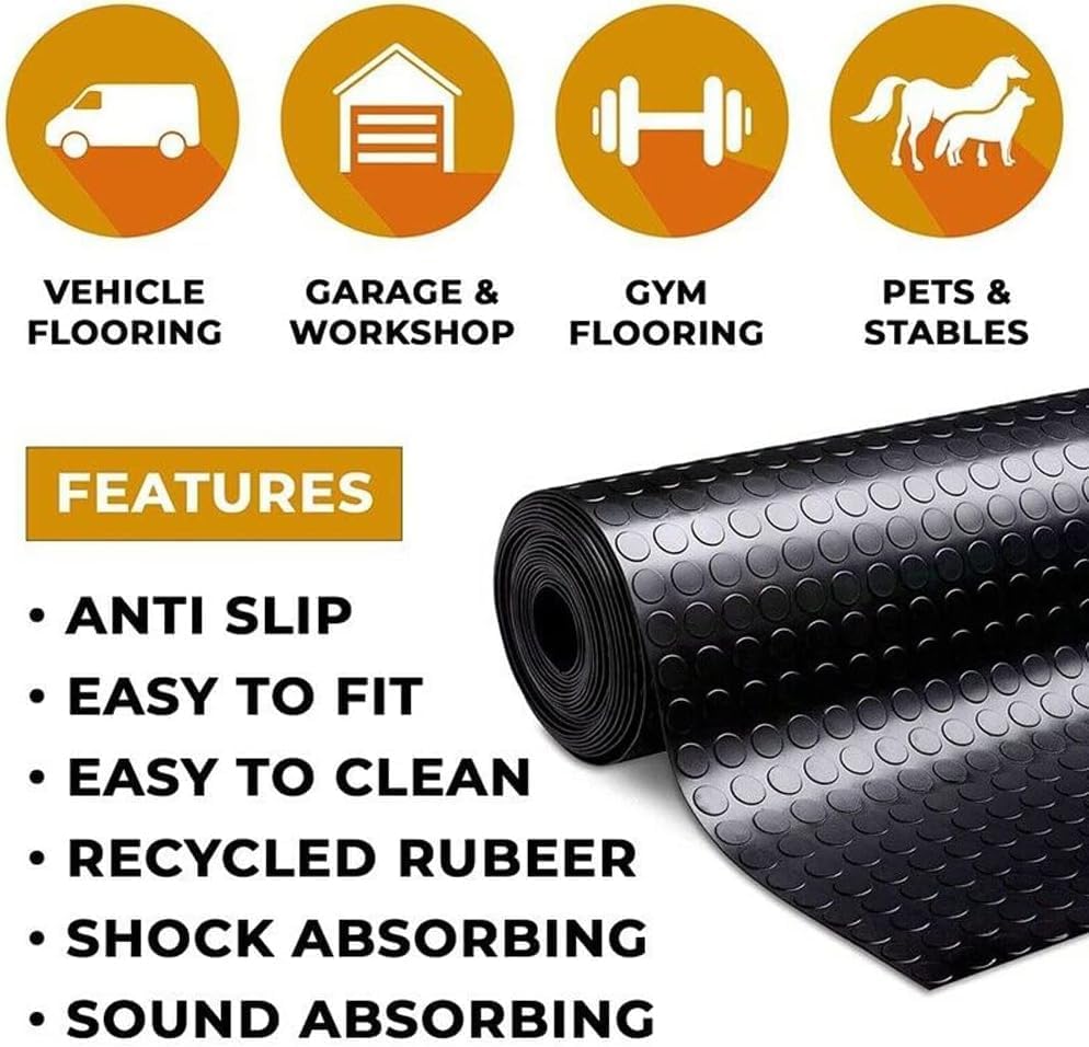 Heavy Duty Coin-Grip Rubber Flooring Roll, 4' x 8', 1/8" Thick, Black, Waterproof, Anti Slip, Safety Floor Protector Mat for Garage, Workshop, Bench, Cellar, Trailer, Mews, Cowshed