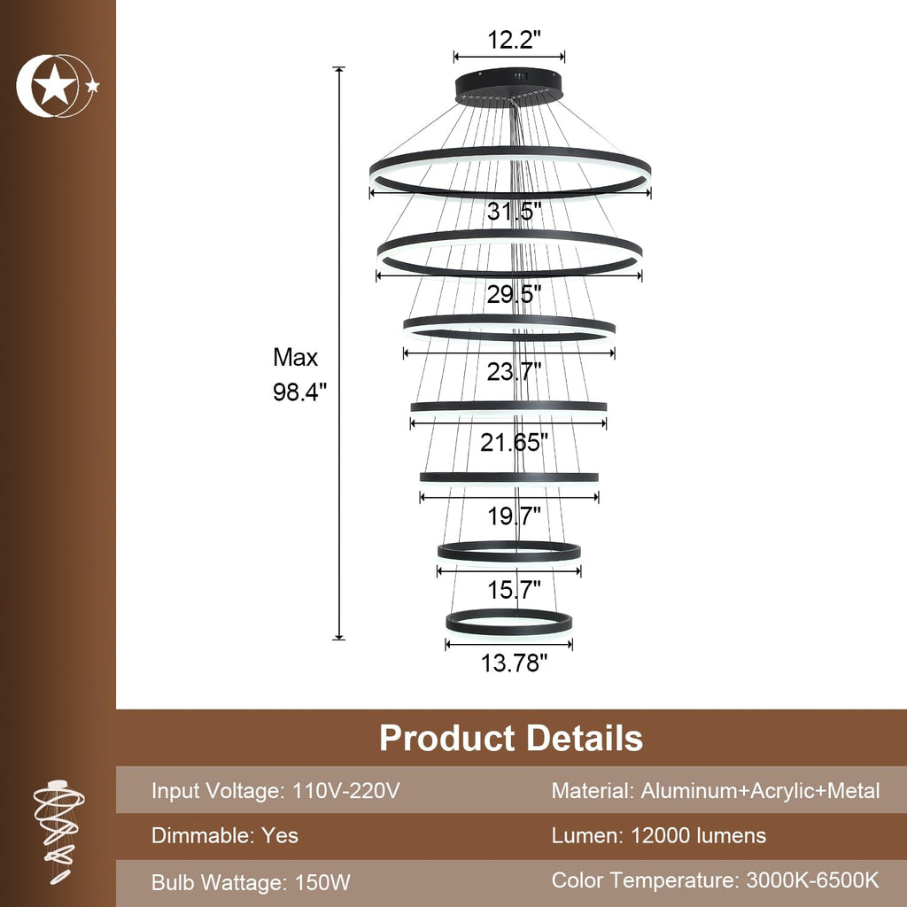 5-Rings Modern LED Chandelier Black Dimmable High Ceiling Chandelier for Dining Room with Remote Control for Foyer Living Room Entryway Staircase(D23.6’’, 3000K-6500K)