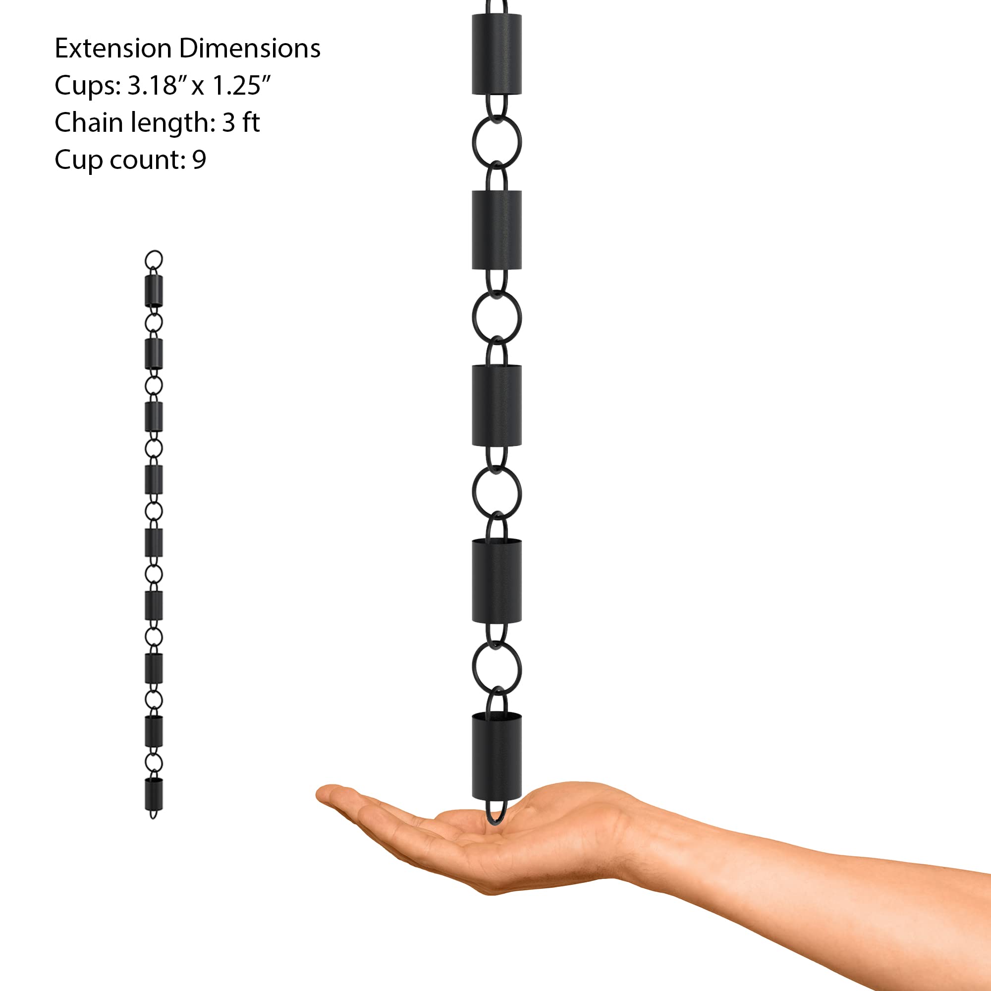 Rain Chains Direct Square Link Rain Chain Extension, 3 Feet in Length, Aluminum, Black Powder Coated, Functional and Decorative Replacement for Gutter Downspouts
