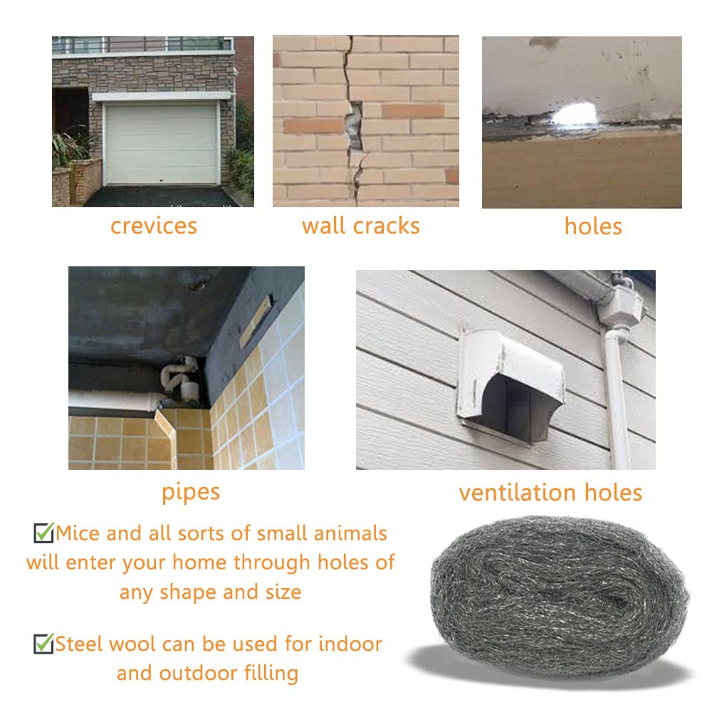 Steel Wool Mice Control, 2 Pack 3" x10 Ft Hole Filler, Gap Blocker, Barrier, Protect Against Animals in Holes, Siding, Pipeline, Vents for Garden, House, Garage