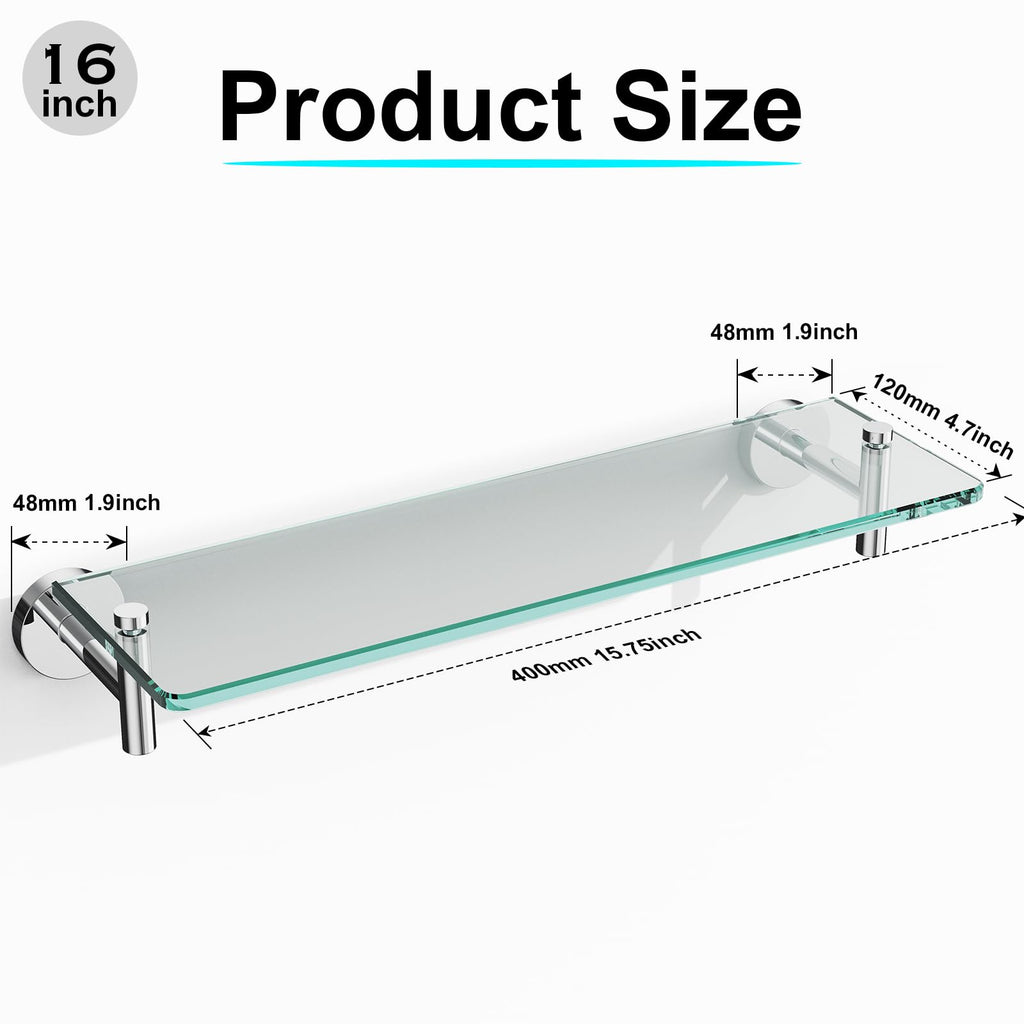 Glass Bathroom Shelves,Brushed Gold Floating Shelves for Wall Rectangular Modern Stainless Steel Glass Shelf for Bathroom Shelves wall Mounted 16 Inch