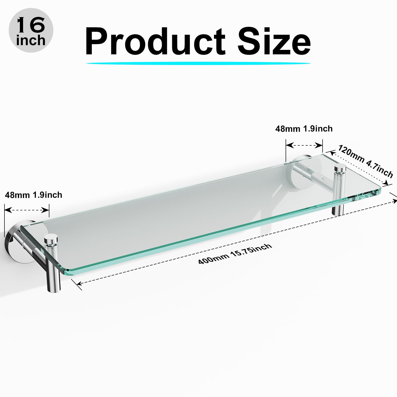 Glass Bathroom Shelves,Brushed Gold Floating Shelves for Wall Rectangular Modern Stainless Steel Glass Shelf for Bathroom Shelves wall Mounted 16 Inch