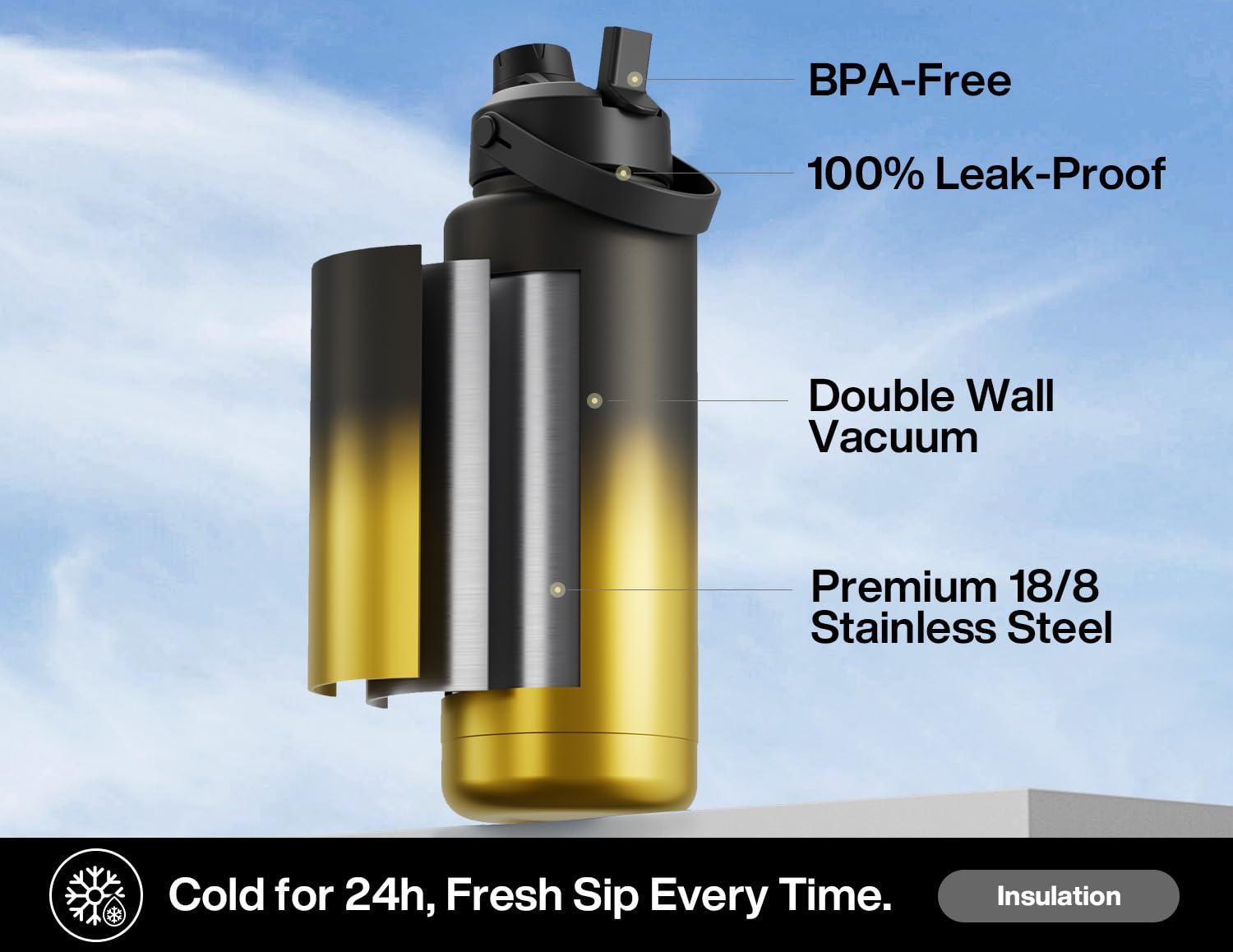 POWCAN 26 oz Insulated Water Bottle with 2-in-1 Straw and Spout Lid, Keep Cold 24H, Leak-Proof, Fits in Car Cup Holder, Stainless Steel Water Bottle for Sports, Travel, Gym, Gift, and School (Ace)