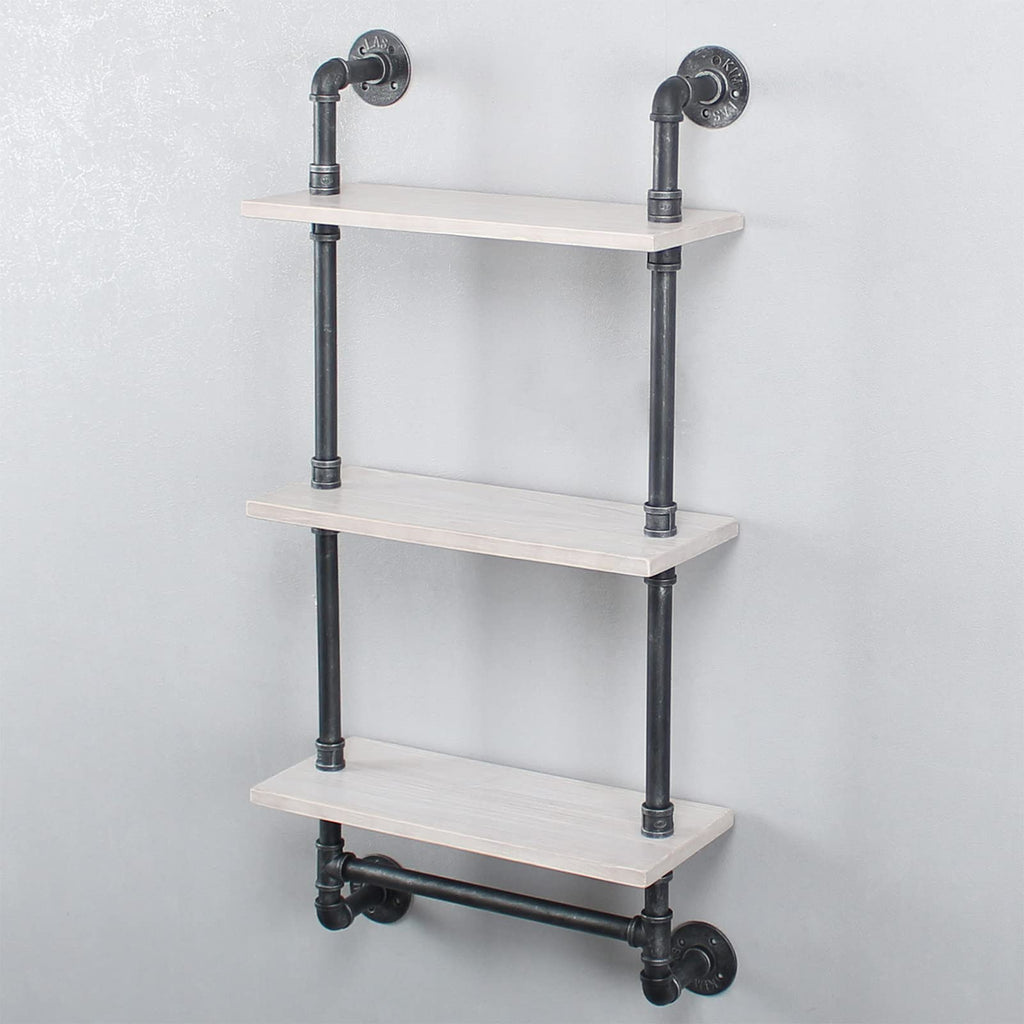 MBQQ Industrial Pipe Shelf Bathroom Shelves Wall Mounted,19.6in Rustic Wood Shelf with Towel Bar,1 Tier Farmhouse Towel Rack,Pipe Shelving Floating Shelves Towel Holder,Black & White