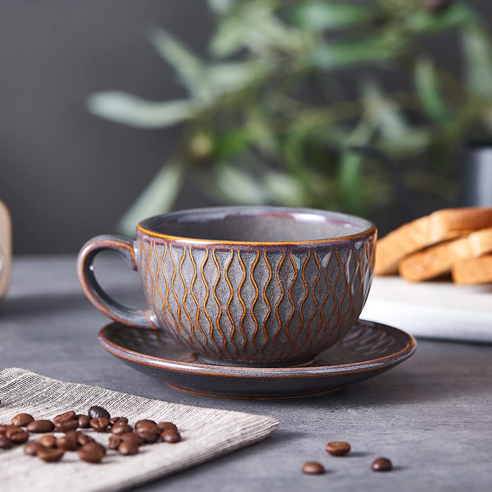 Coffeezone Vintage Design 12 oz Ceramic Latte Art Cappuccino Barista Cup with Saucer (Beige)