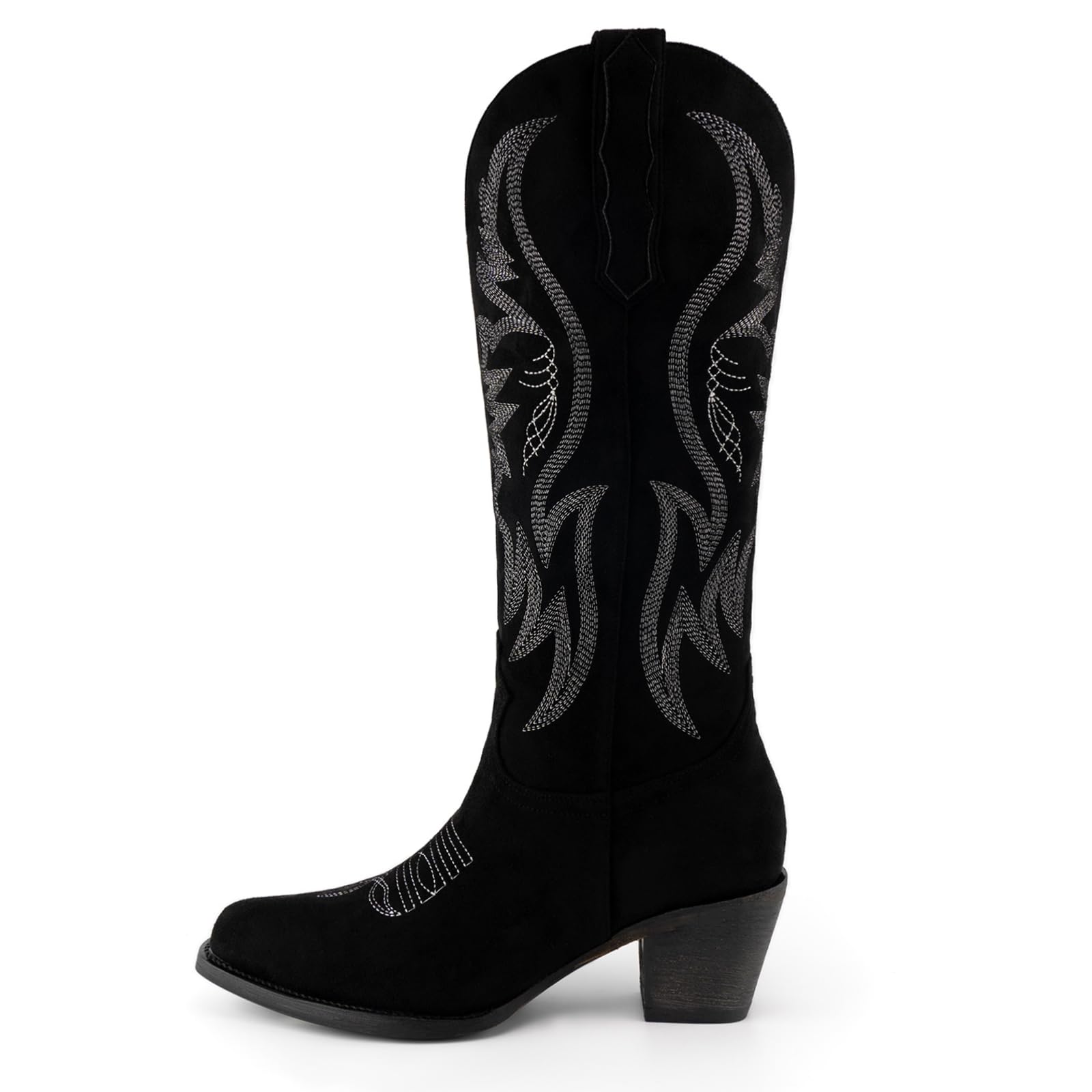 GORBINETI Women Cowboy Boots Mid Calf Cowgirl Western Boots Embroidered Suede Pull On Almond Toe Chunky Heel