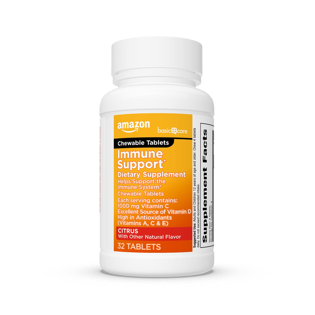 Amazon Basic Care Immune Support Citrus Chewable Tablets with Antioxidants, Vitamin D and Immune System Support, 32 Count