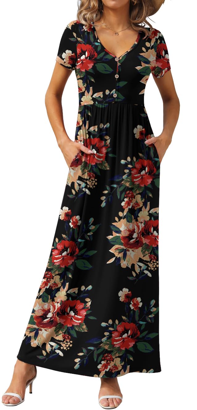 GRECERELLE Womens Summer Long Maxi Dresses 2026 Short Sleeve V Neck Casual Button Dress with Pockets