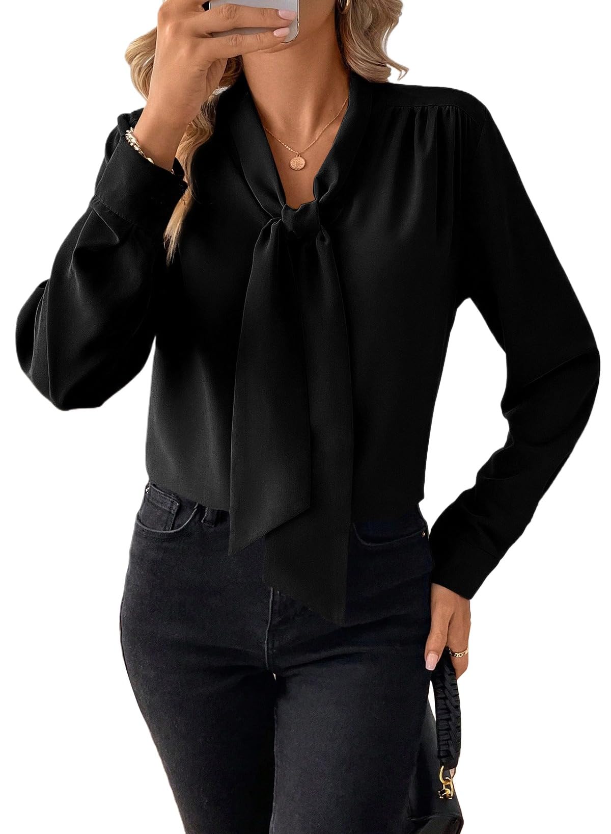 Astylish Women's Bow Tie Neck Tops 2026 Long Sleeve Dressy Loose Casual Elegant Business Work Blouses Shirts