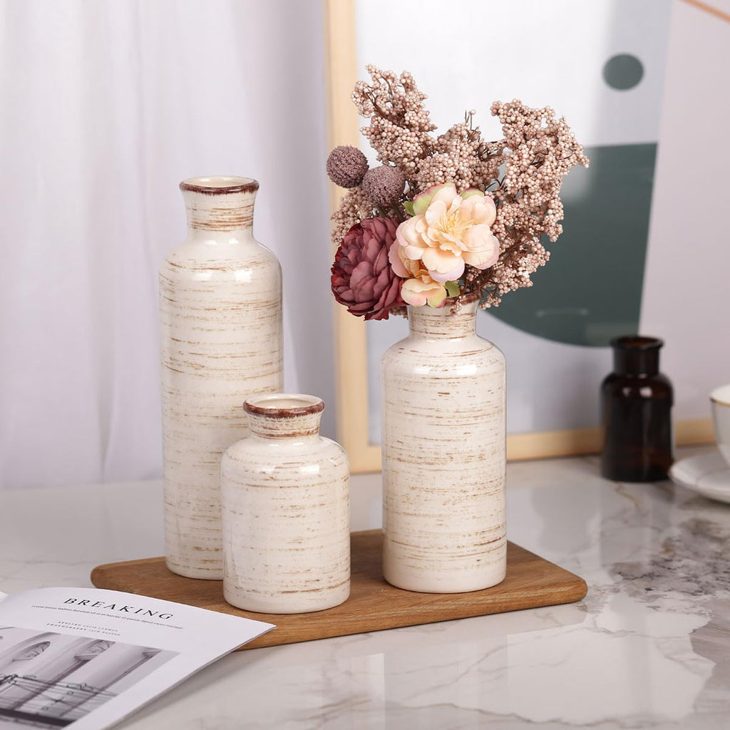 Ceramic Vase Set - 3 Ceramic Small Vases, Farmhouse Country Flower Vase Home Decor, Living Room Decoration, Table Decoration, Fireplace Decor, and Entrance Decorations Centerpieces