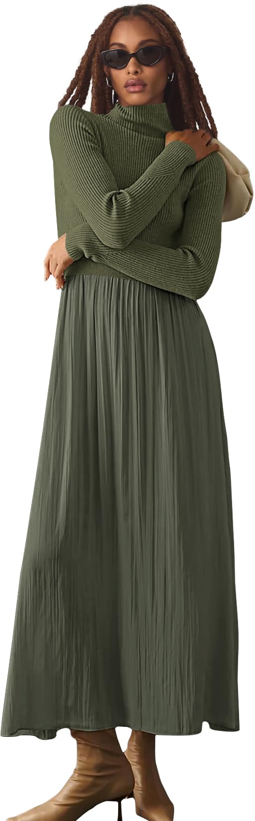 Womens Fall Mock Turtleneck Long Sleeve Ribbed Knit Pullover Tops Fashion Long Maxi Dress