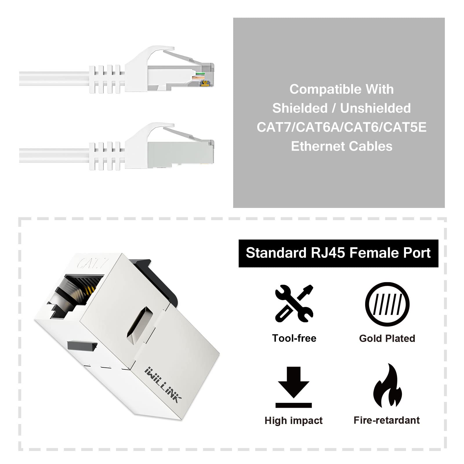 iwillink 10Gbps CAT6 Coupler RJ45 Keystone Shielded Coupler 10-Pack, Ethernet Coupler, Female to Female Keystone Jack, STP Keystone Insert for Cat6/Cat5e Cable