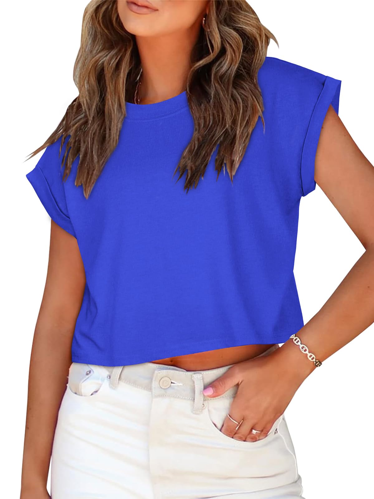 Summer Short Sleeve Crop Tops Womens Crewneck Roll Cap Sleeve T Shirts Loose Fit Basic Tees 2026