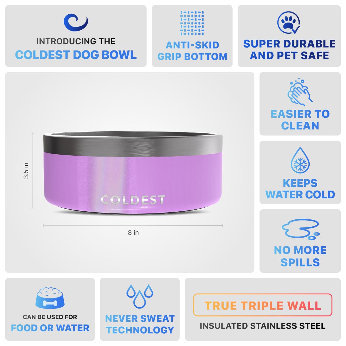 Coldest Dog Bowl - Anti Rust Metal, Non Slip, 3 Layers Insulated Stainless Steel Dog Bowls - Spill Proof & Heavy Duty - Water Bowl for Dogs, Cats & Pets, Dish Washer Safe (21 oz, Mars Red Glitter)