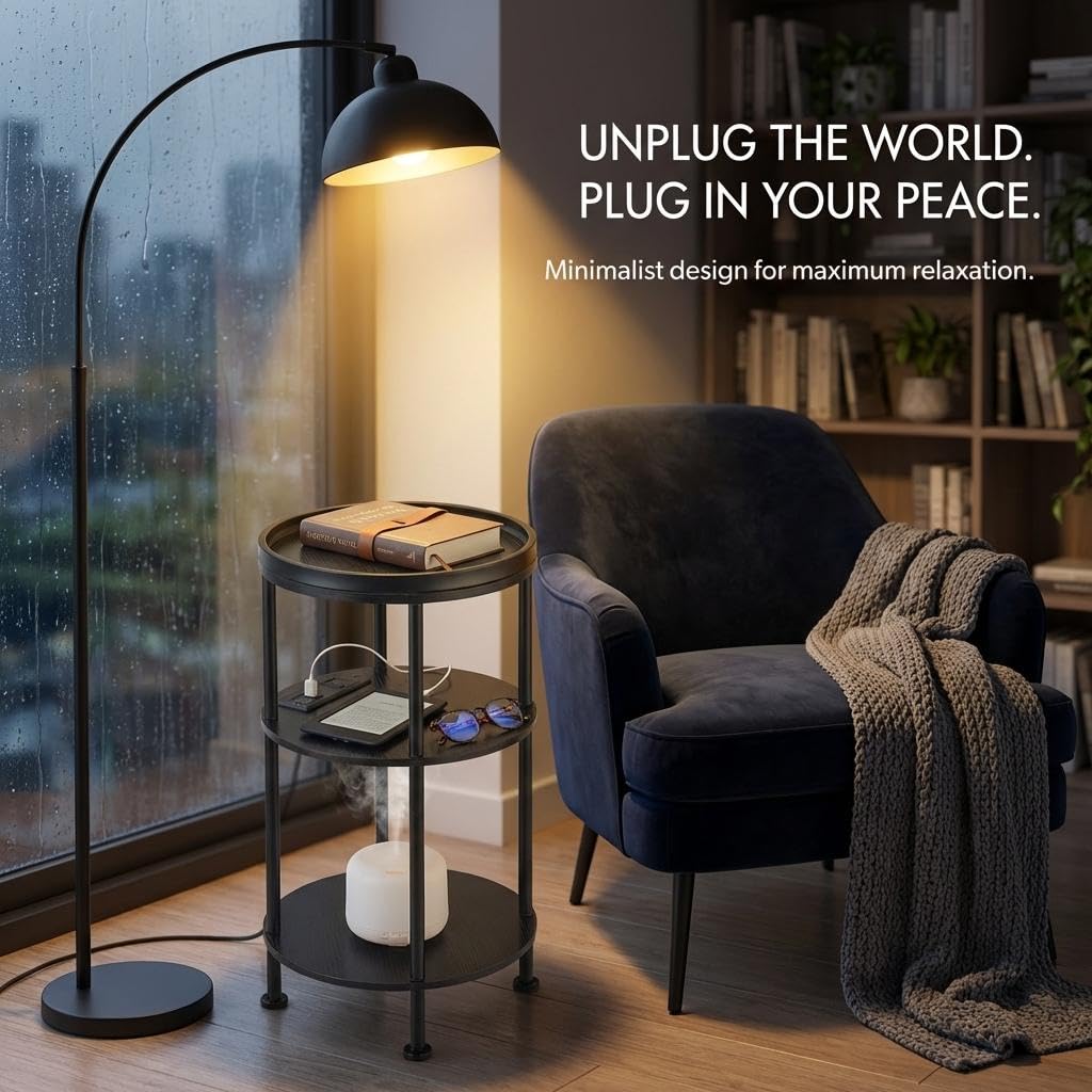 Small Round Side Table with Charging Station for Small Spaces, 3-Tier Accent Table with USB Ports & Power Outlets, Sofa Corner Tea Table for Living Room Nightstand Bedroom Apartment (Black)
