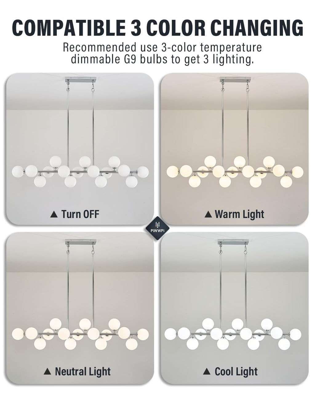 Modern Linear Chandeliers for Dining Room, 8-Light Globe Sputnik Pendant Ceiling Light, Black Dining Room Light Fixture Over Table, Mid Century Glass Milk White Bubble, 31.5 Inch, GC-09