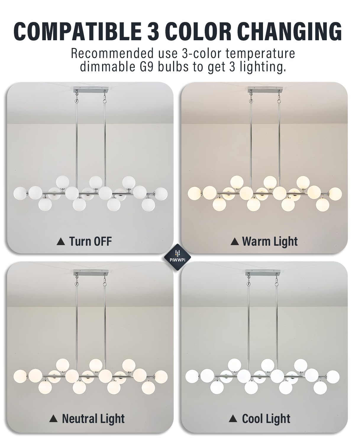 Modern Linear Chandeliers for Dining Room, 8-Light Globe Sputnik Pendant Ceiling Light, Black Dining Room Light Fixture Over Table, Mid Century Glass Milk White Bubble, 31.5 Inch, GC-09