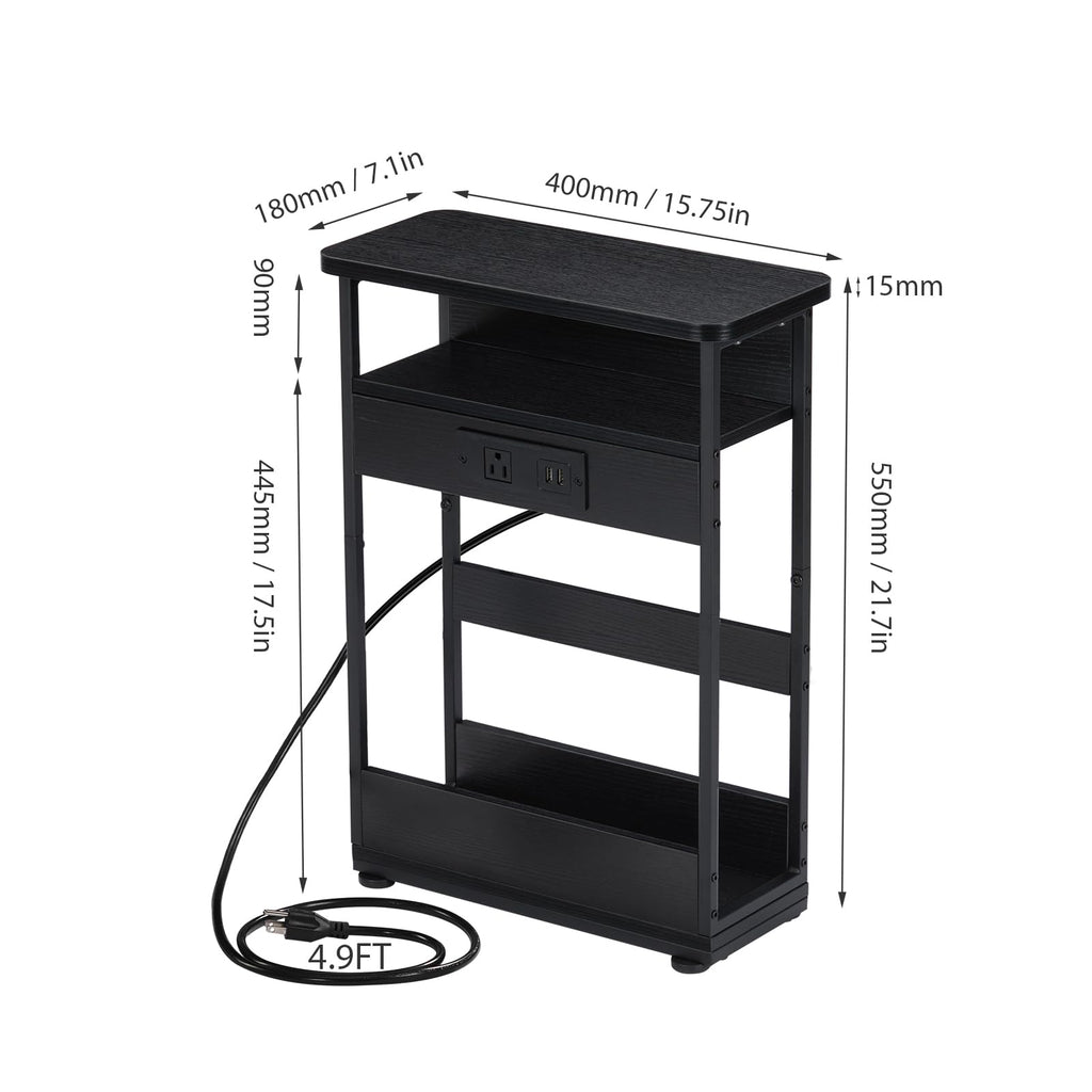 YEAKOO Narrow Side Table with Charging Station, 3-Tier End Table with 2 USB Ports & Power Outlets,Thin Sofa Side Table for Narrow and Small Spaces, Bedside Table Nightstand for Living Room,Black