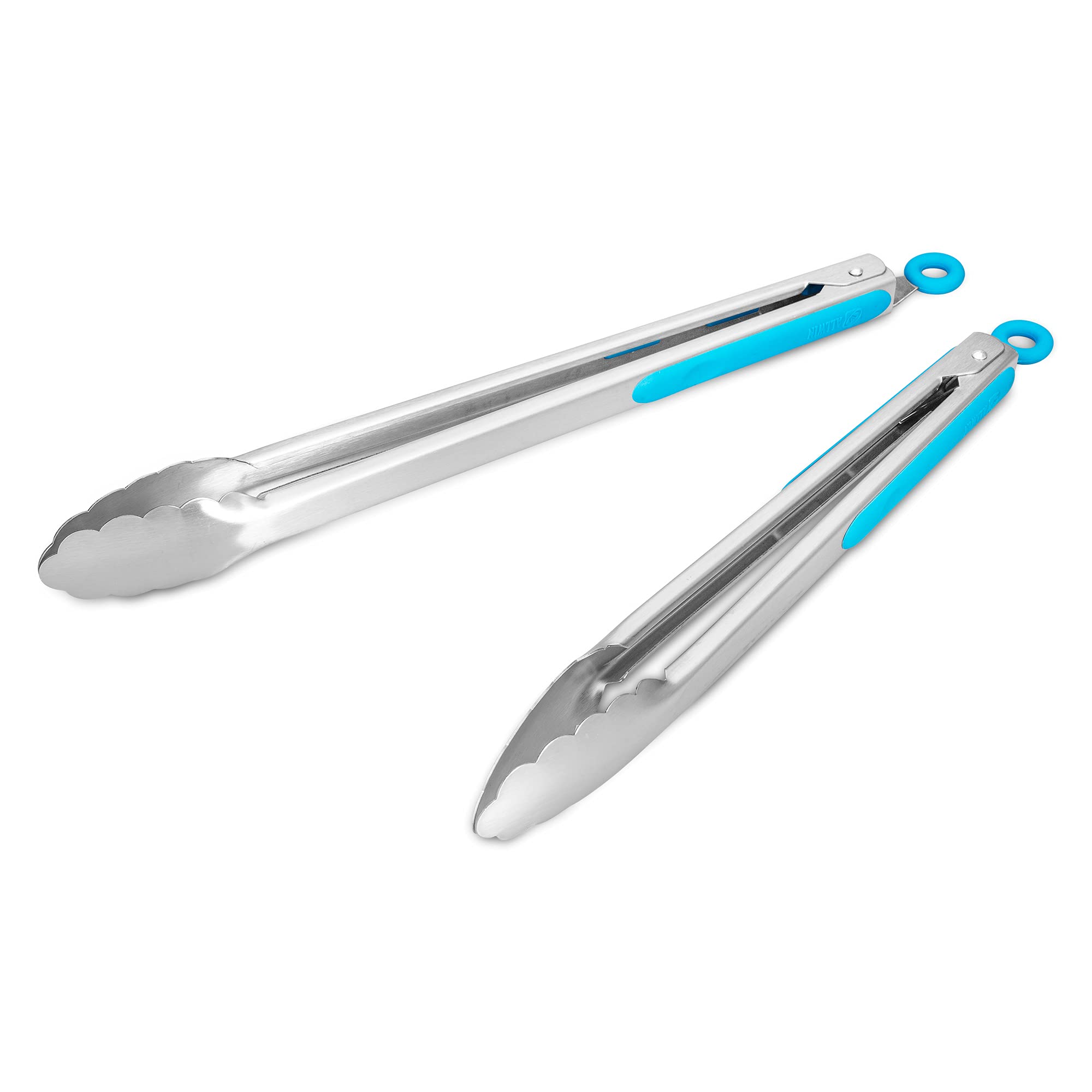 304 Stainless Steel Kitchen Cooking Tongs, 9" and 12" Set of 2 Sturdy Grilling Barbeque Brushed Locking Food Tongs with Ergonomic Grip, Black