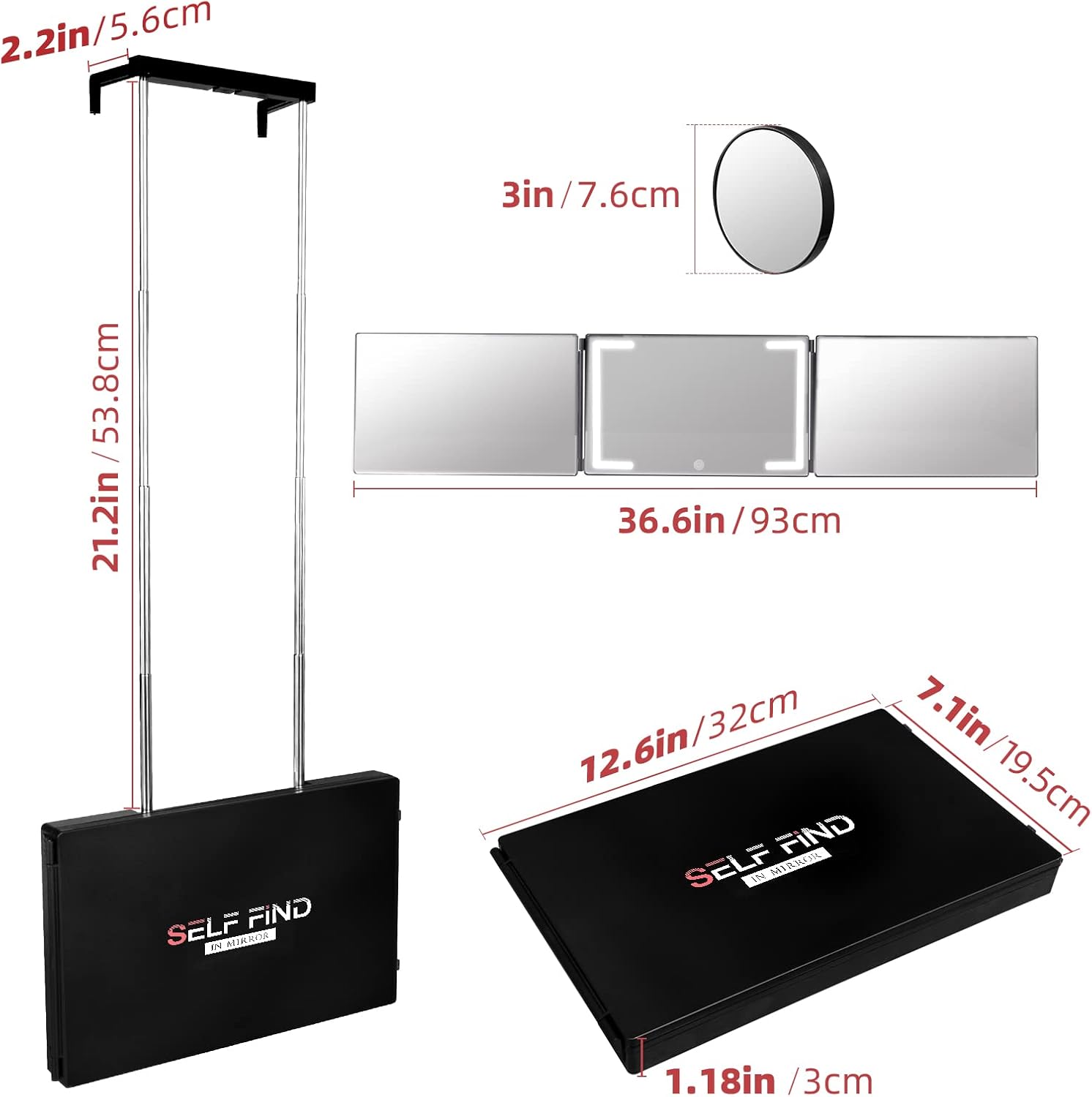 Self Find-3 Way Mirror for Self Hair Cutting with Ring Light,Rechargeable 360 Mirror for Hair Tools,Light and Height Adjustable