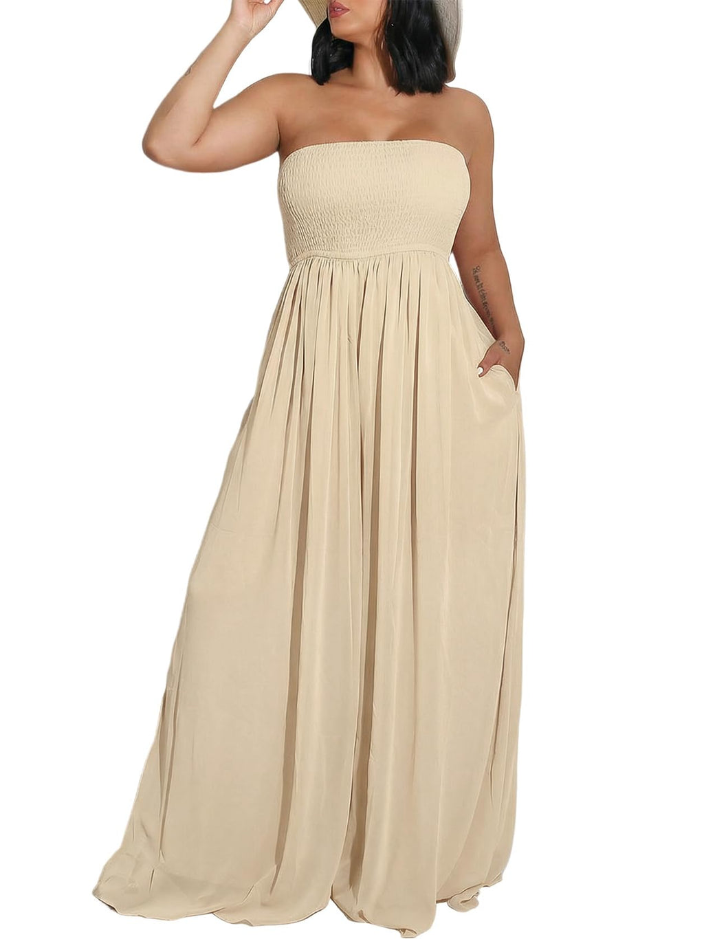 Ophestin Women's Strapless Tube Wide Leg Jumpsuits Smocked Women Jumpsuits Dressy Casual Flowy One Piece Jumpsuits Rompers