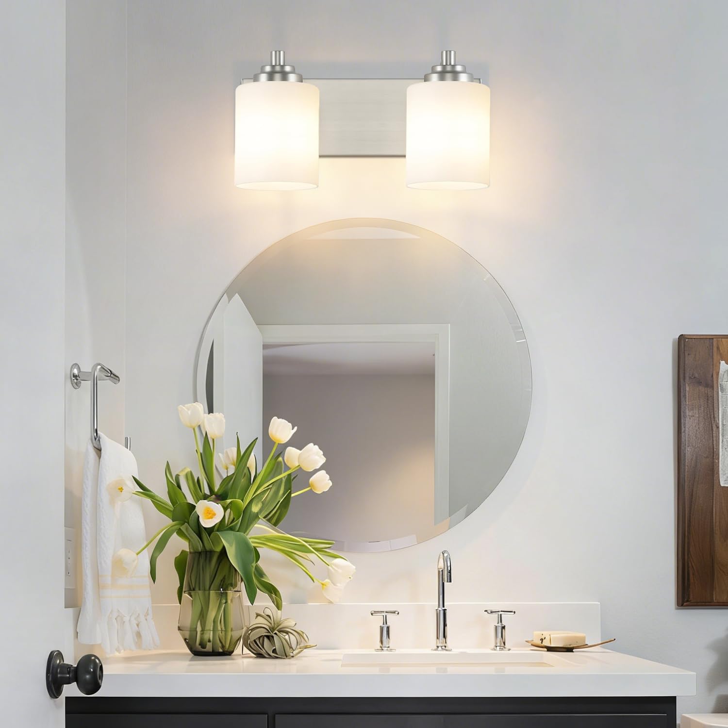 SOLFART 20.1 Inch Black Vintage Bathroom Vanity Light Fixtures Fixtures with Modern Glass Globe Shade Metal Brass Wall Lamp 2 Lights