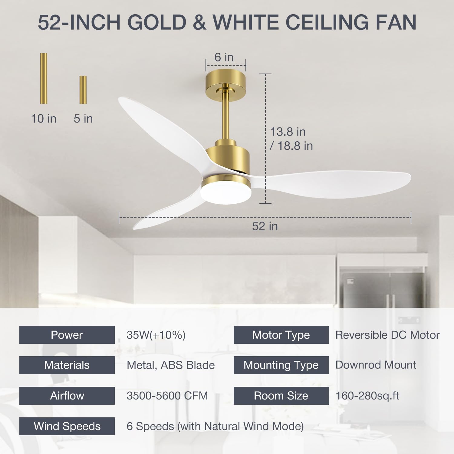 52" Ceiling Fans with Lights and Remote, Quiet DC Motor, 3 Reversible Blades, 6-Speed, Modern Industrial Black Ceiling Fan with 3-Color LED Light Fandelier for Bedroom Living Room